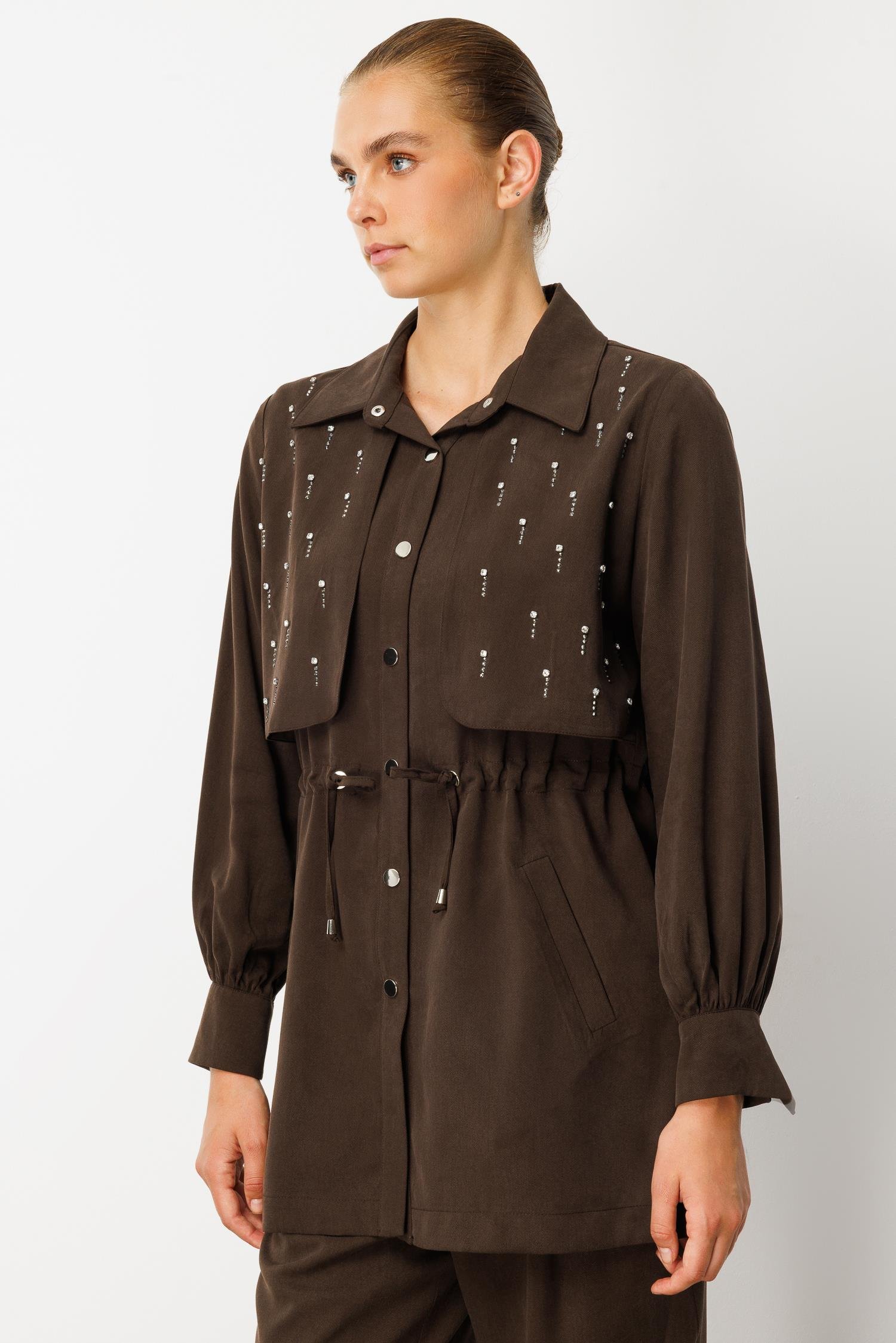 Modailgi  Beli Tünel Bağlama Rüzgarlık Detaylı ve Taşlı Tunik - 40040 Kahve