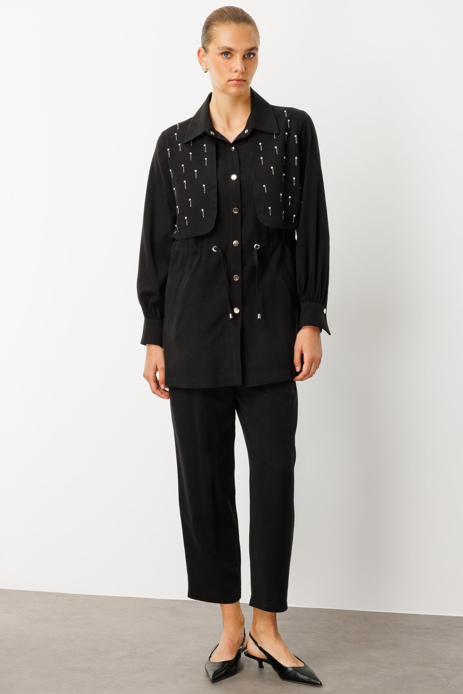 Modailgi  Beli Tünel Bağlama Rüzgarlık Detaylı ve Taşlı Tunik - 40040 Siyah