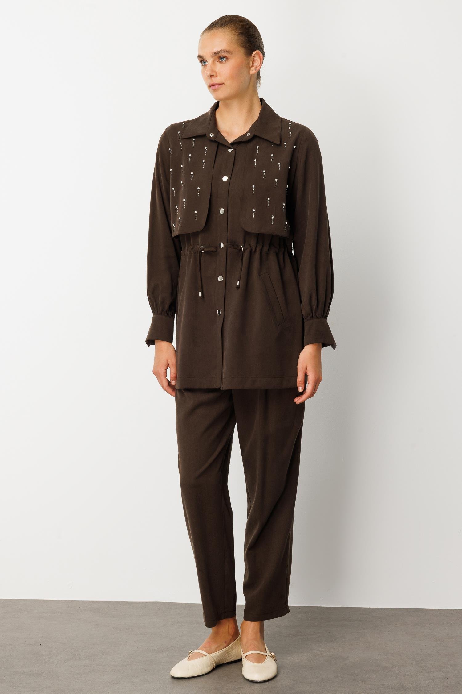 Modailgi  Beli Tünel Bağlama Rüzgarlık Detaylı ve Taşlı Tunik - 40040 Kahve