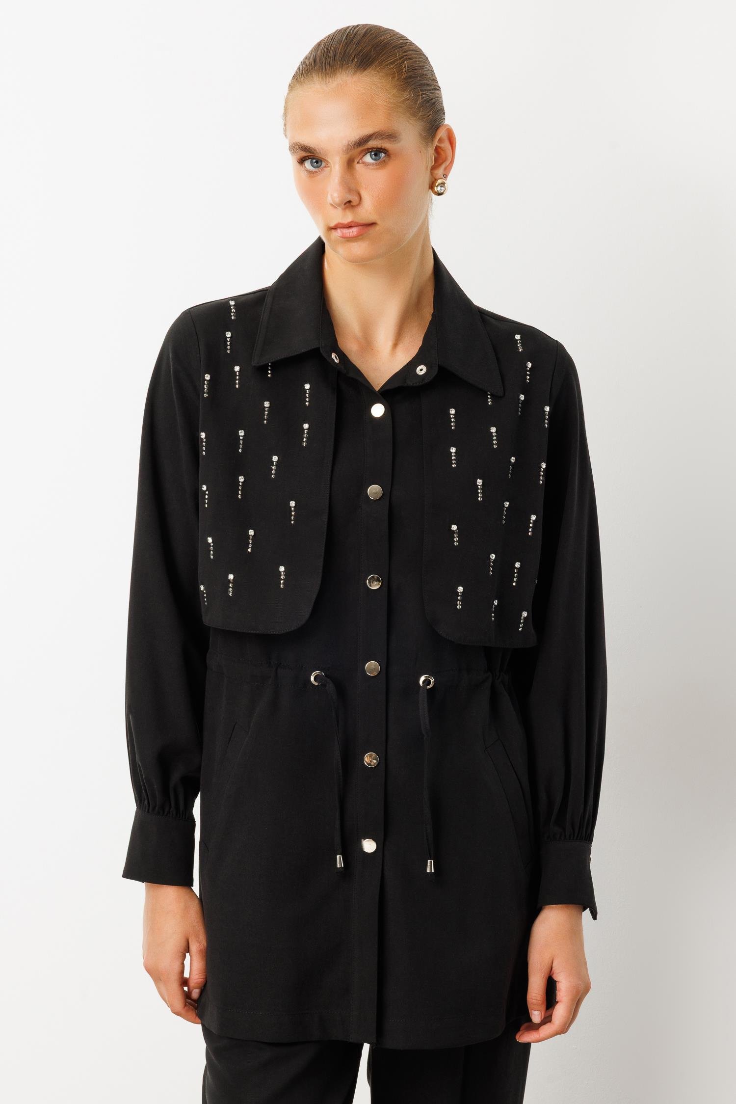 Modailgi  Beli Tünel Bağlama Rüzgarlık Detaylı ve Taşlı Tunik - 40040 Siyah