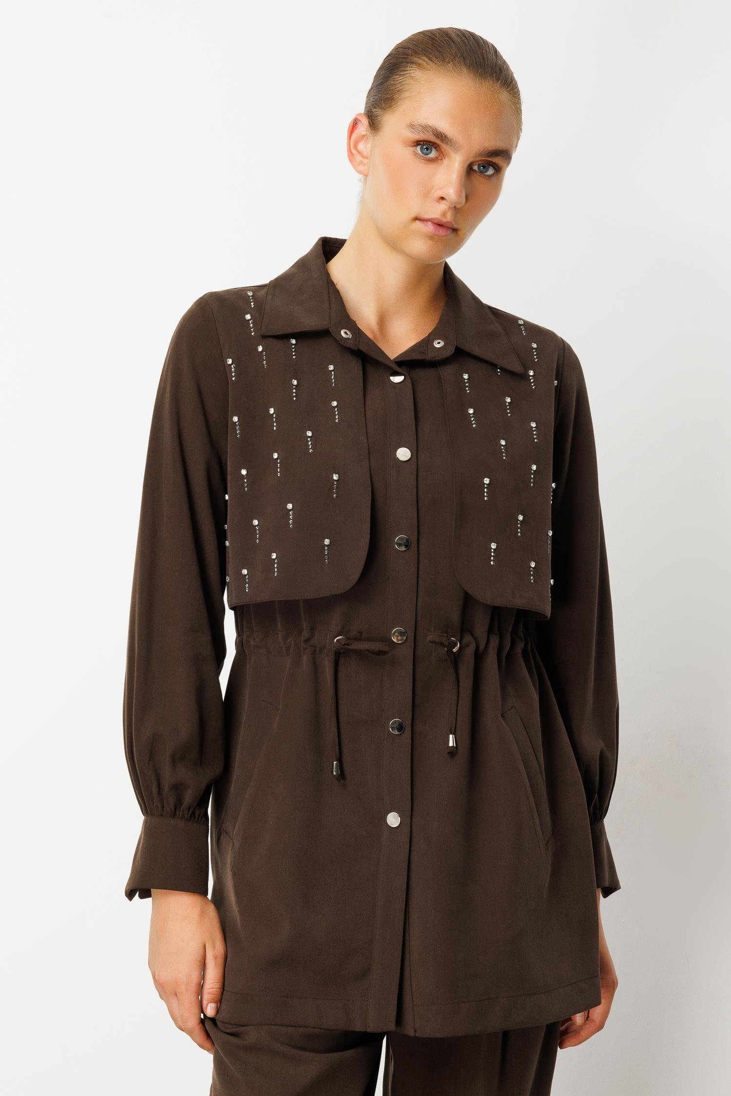 Modailgi  Beli Tünel Bağlama Rüzgarlık Detaylı ve Taşlı Tunik - 40040 Kahve