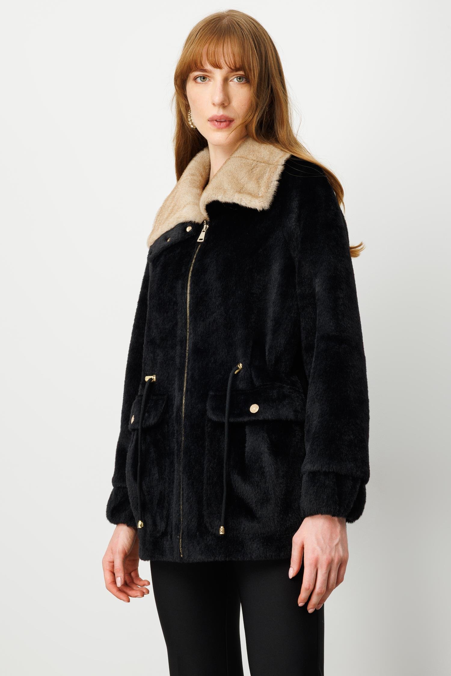 Modailgi  Beli Tünelli Çıtçıt ve Fermuar Kapamalı Alcantara Kaban Siyah