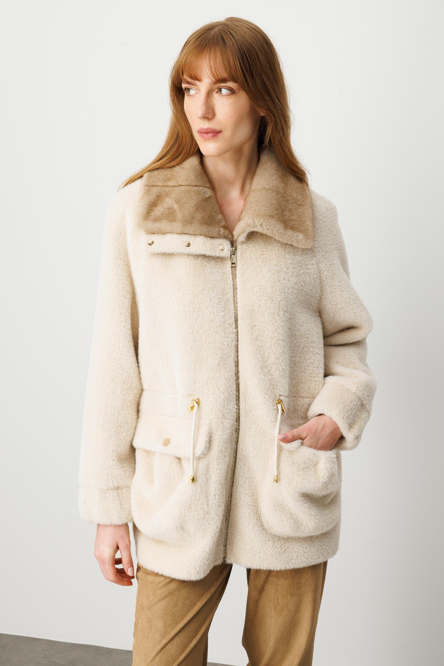 Modailgi  Beli Tünelli Çıtçıt ve Fermuar Kapamalı Alcantara Kaban Camel