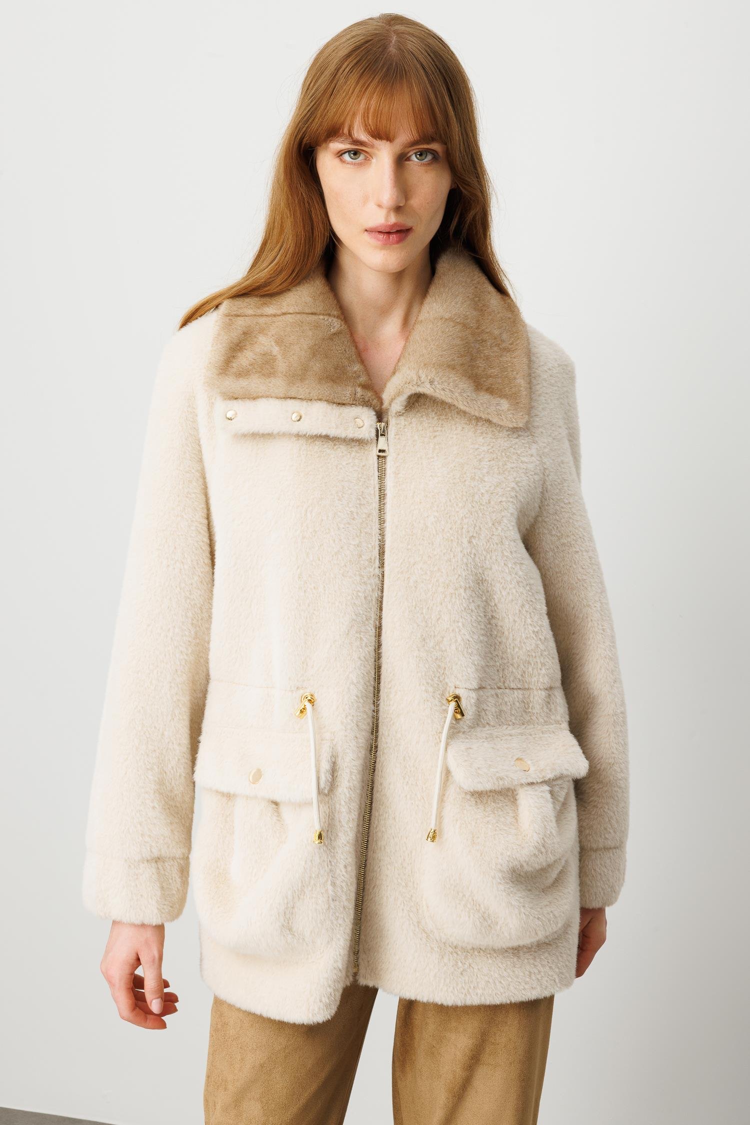 Modailgi  Beli Tünelli Çıtçıt ve Fermuar Kapamalı Alcantara Kaban Camel