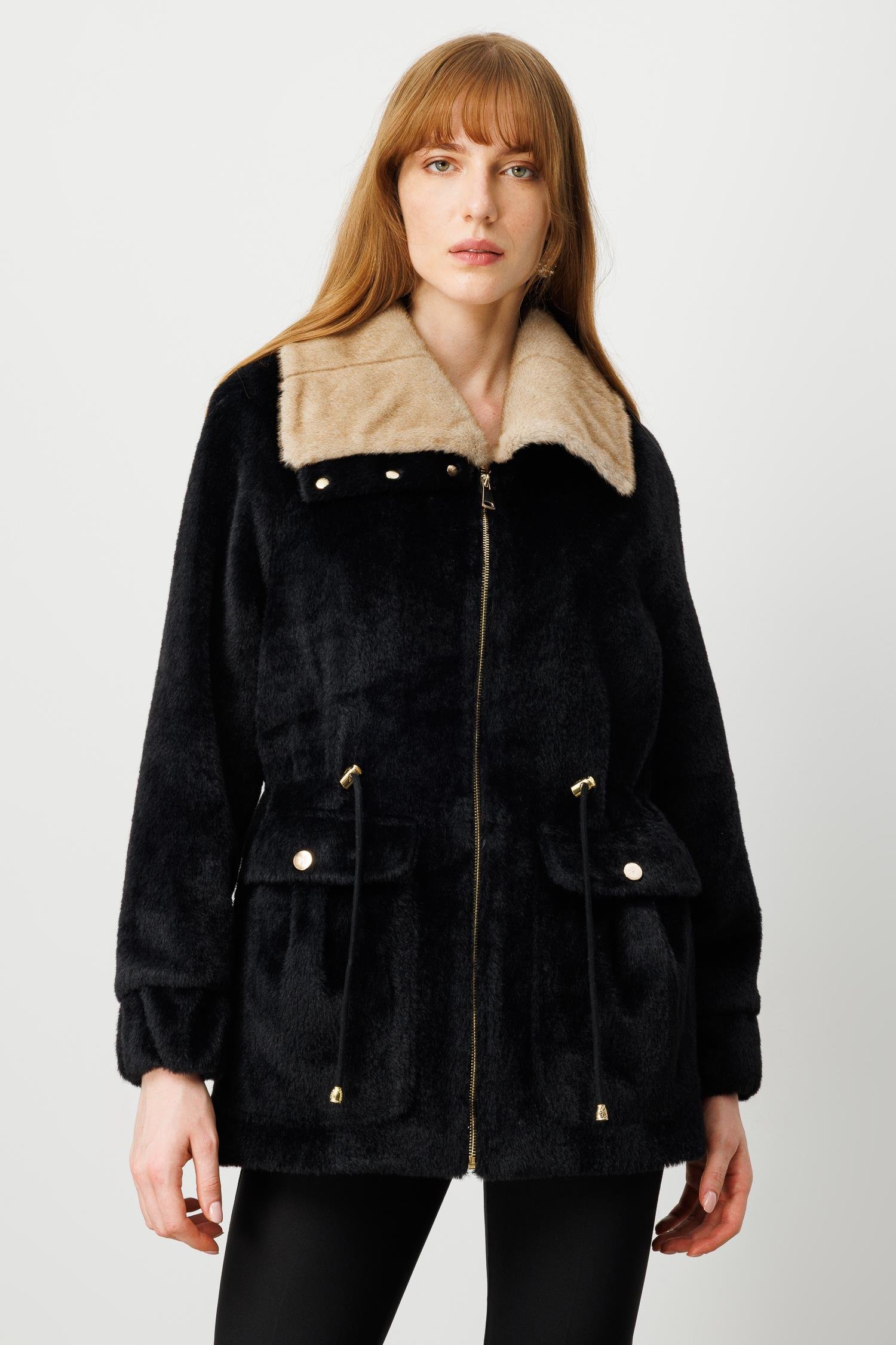 Modailgi  Beli Tünelli Çıtçıt ve Fermuar Kapamalı Alcantara Kaban Siyah