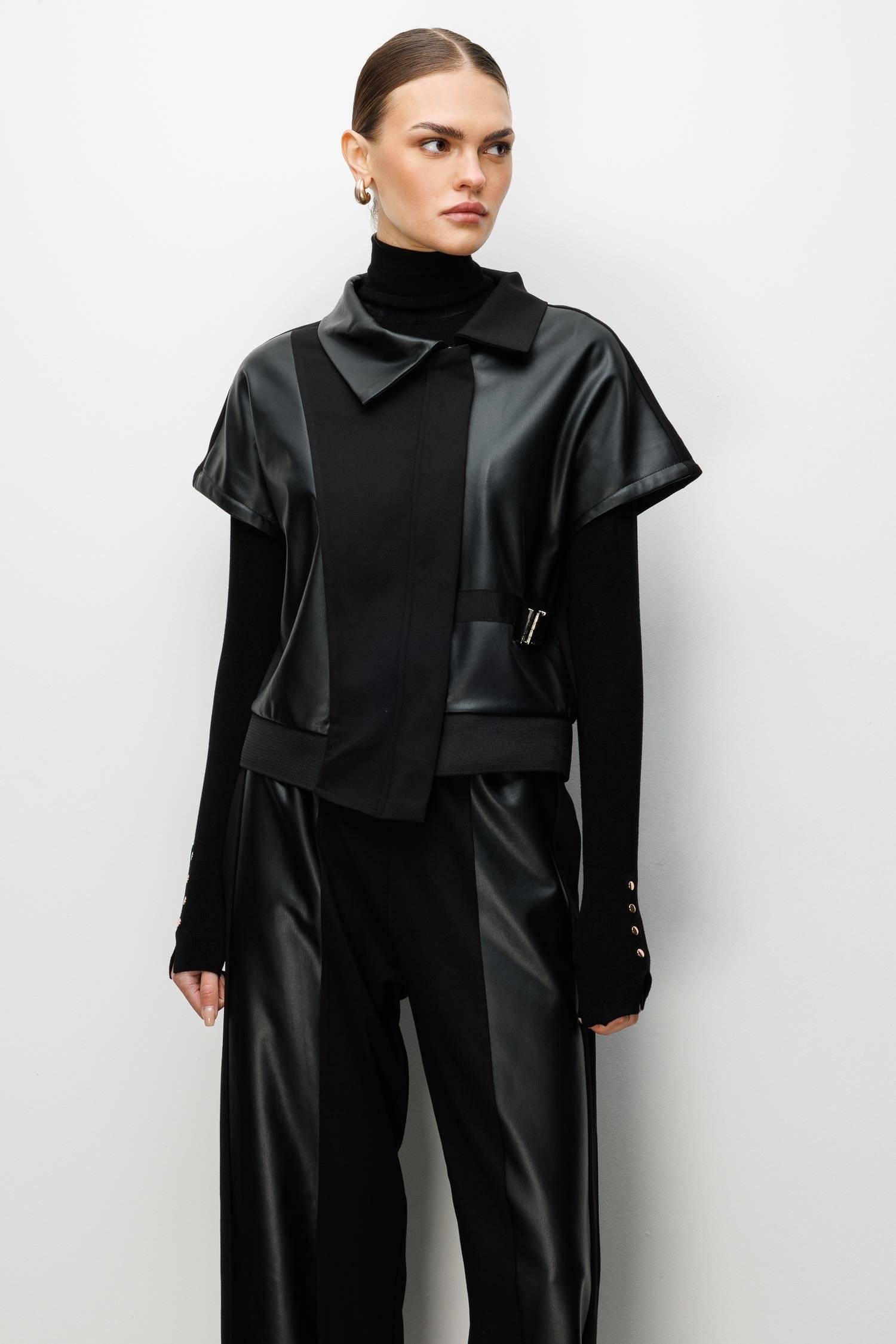 Modailgi  Belinde Tokalı Deri Detaylı Krop Tunik - 40072 Siyah