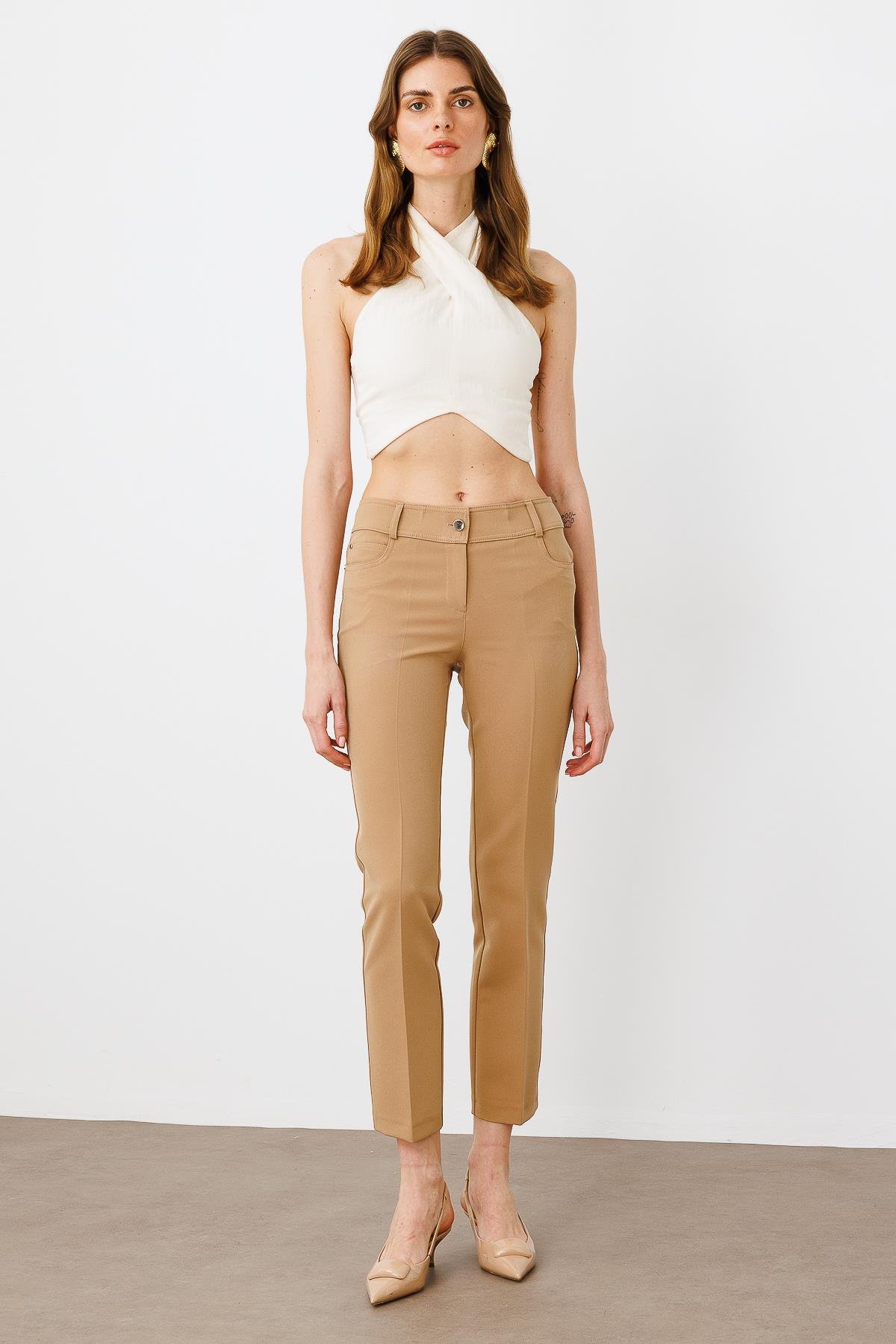 Modailgi  Beş Cep Dar Paça Pantolon Camel