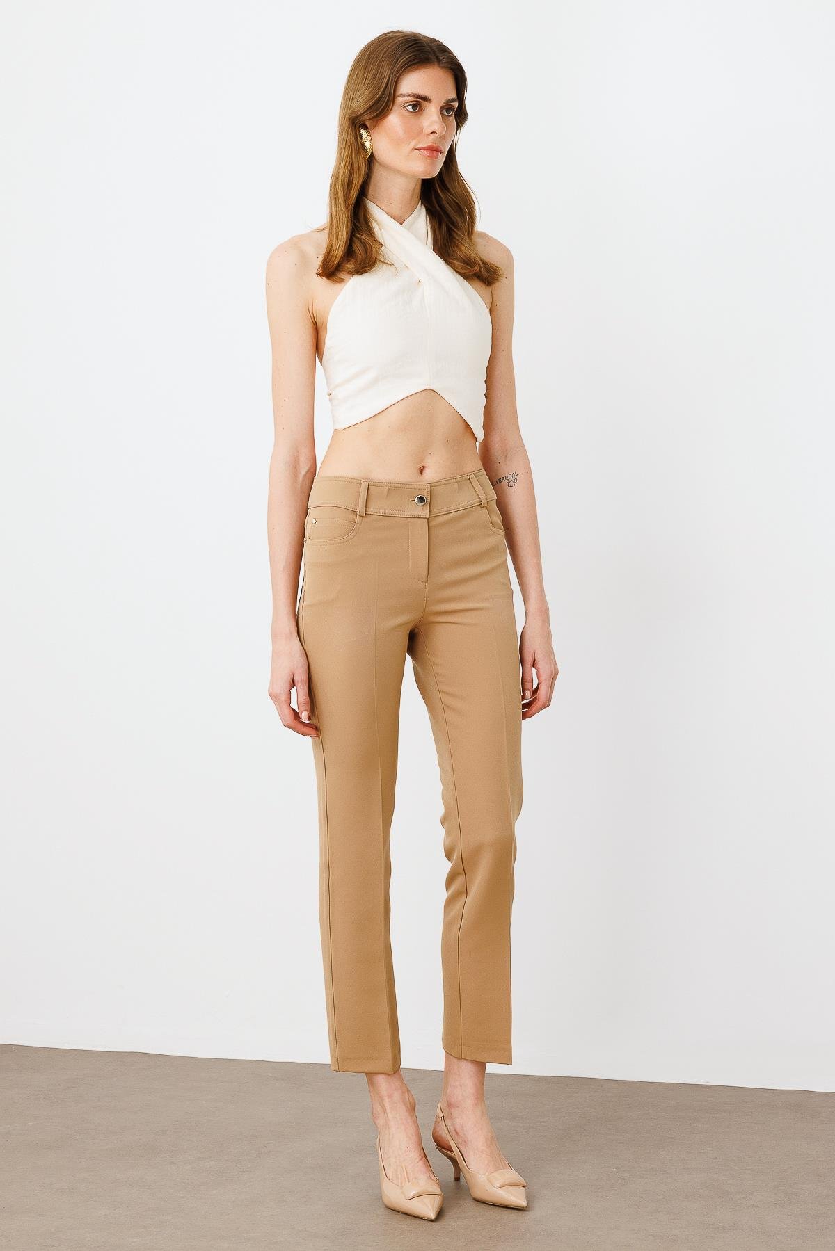 Modailgi  Beş Cep Dar Paça Pantolon Camel