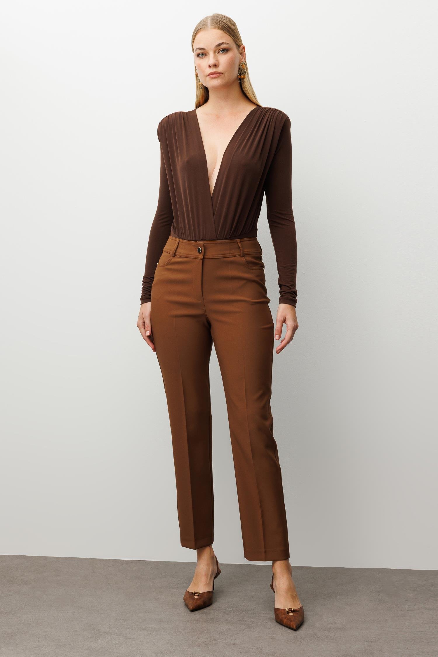 Modailgi  Beş Cep Dar Paça Pantolon Taba