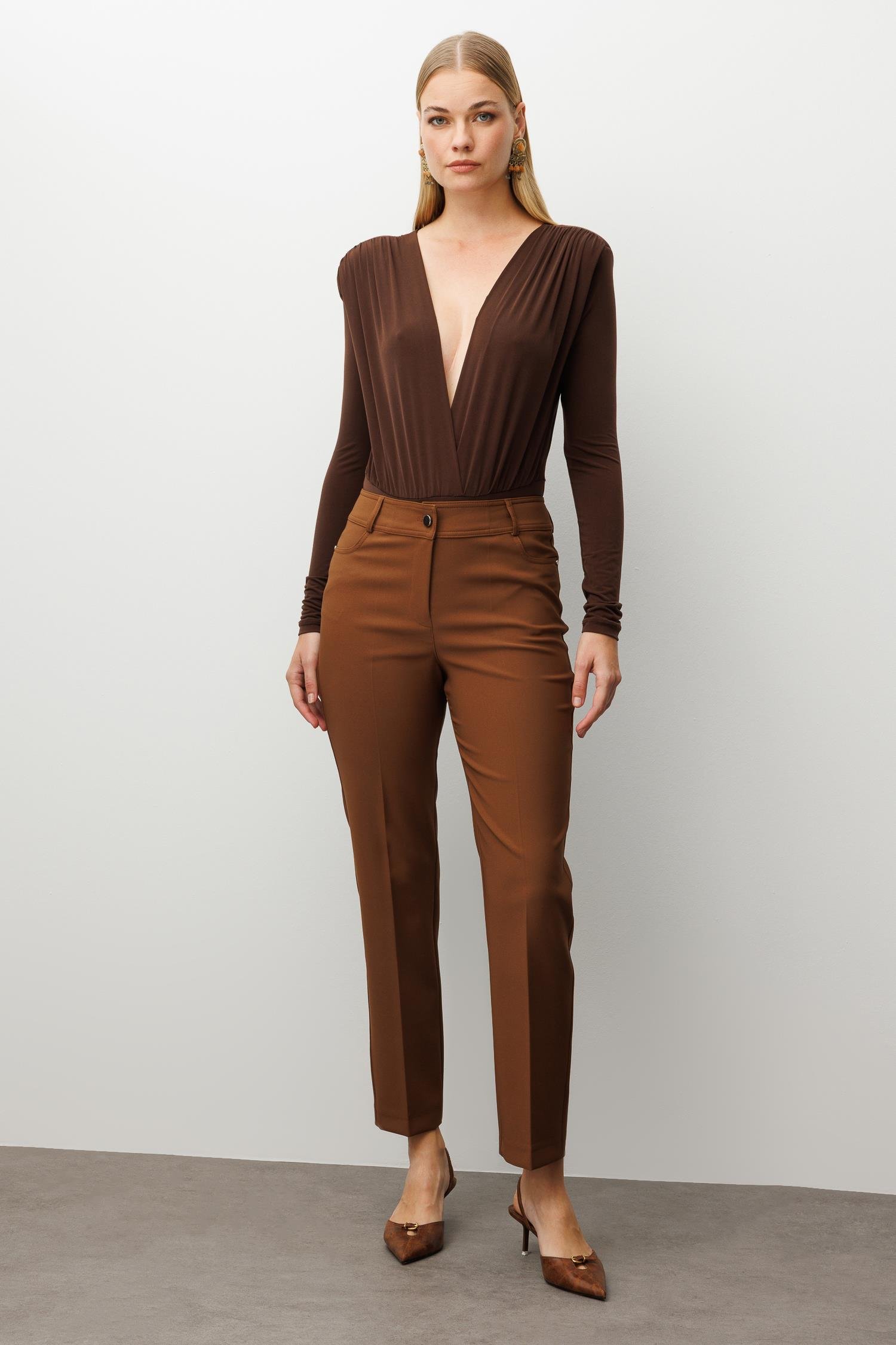 Modailgi  Beş Cep Dar Paça Pantolon Taba