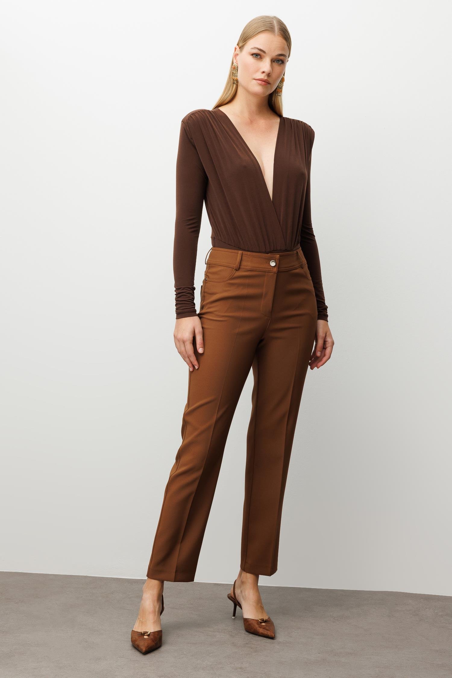 Modailgi  Beş Cep Dar Paça Pantolon Taba