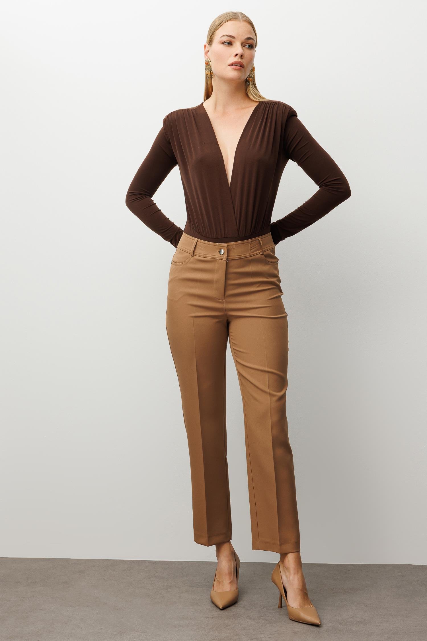 Modailgi  Beş Cep Dar Paça Pantolon Vizon