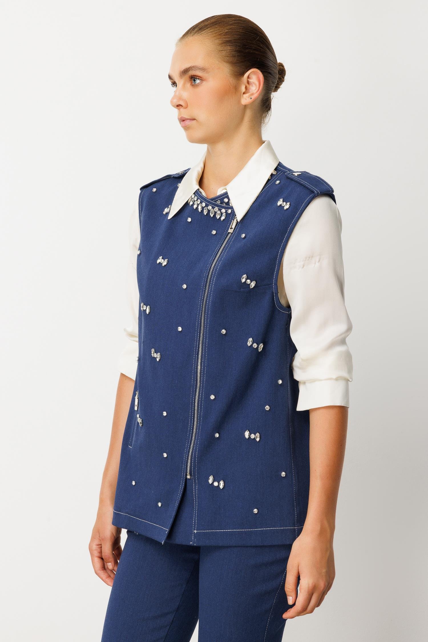 Modailgi  Beyoğlu Taş Detaylı Önü Fermuarlı Omuzları Apoletli Yelek - 47002 İndigo