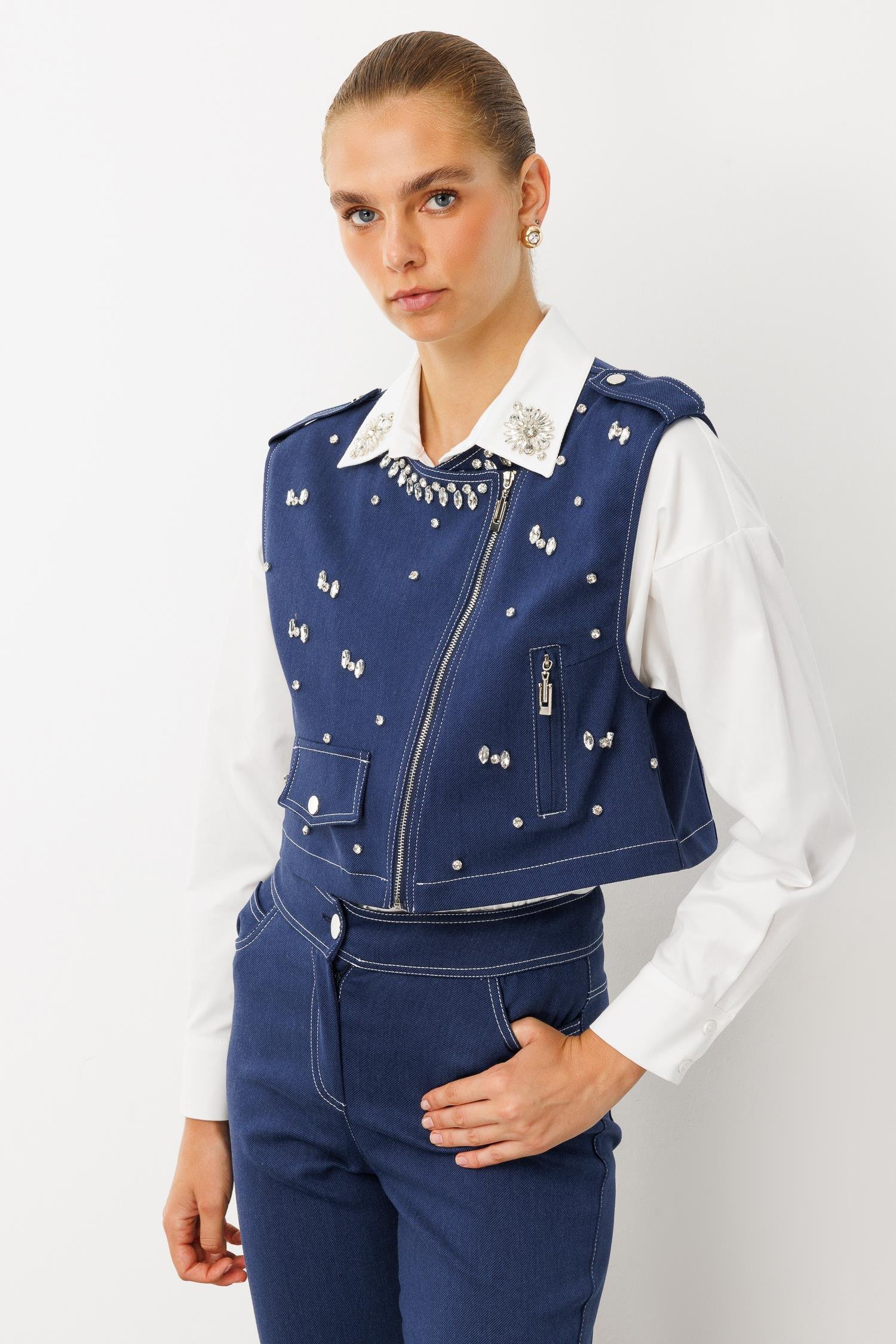 Modailgi  Beyoğlu Taşlı Fermuar Detaylı Crop Yelek - 47001 İndigo