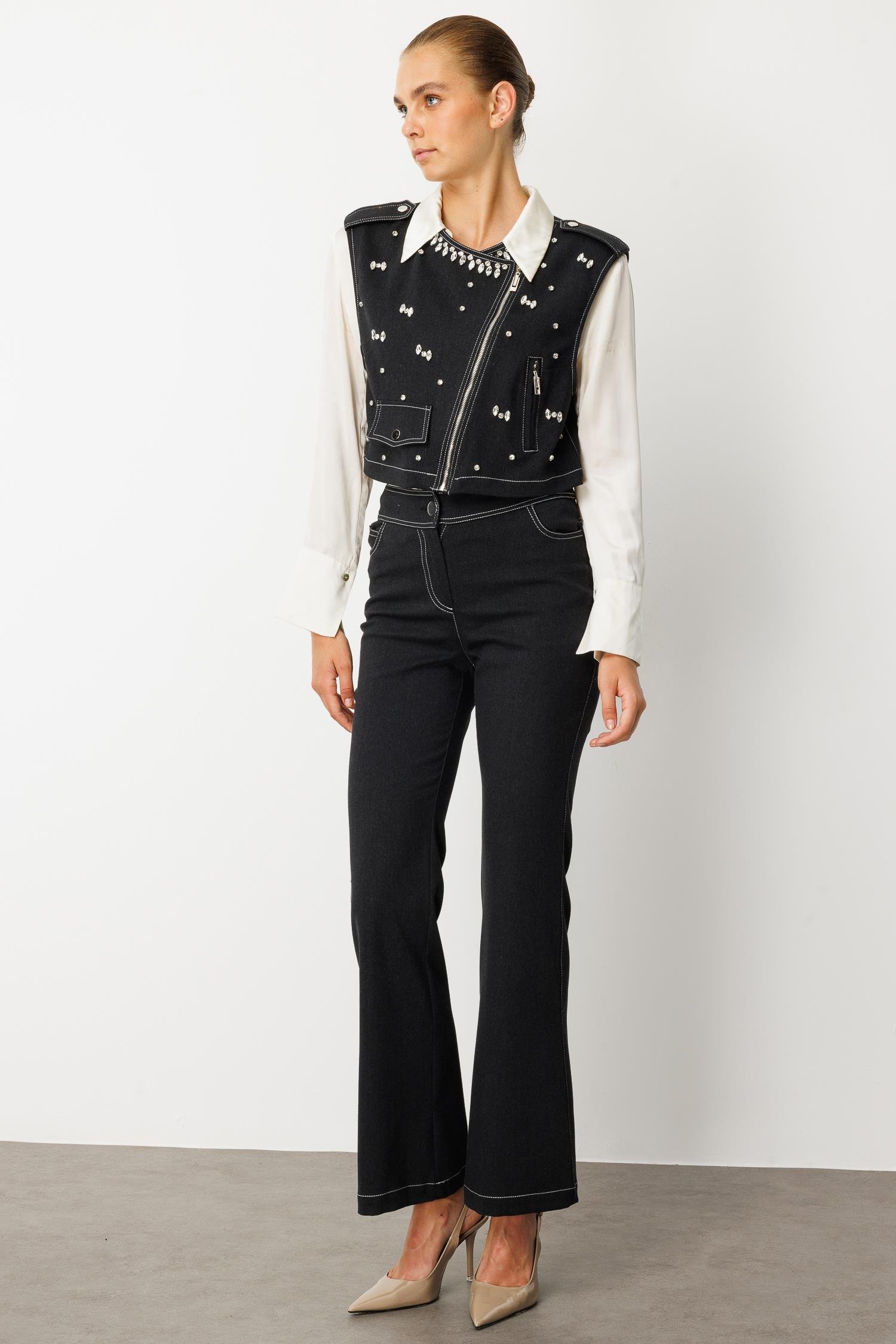 Modailgi  Beyoğlu Taşlı Fermuar Detaylı Crop Yelek - 47001 Siyah