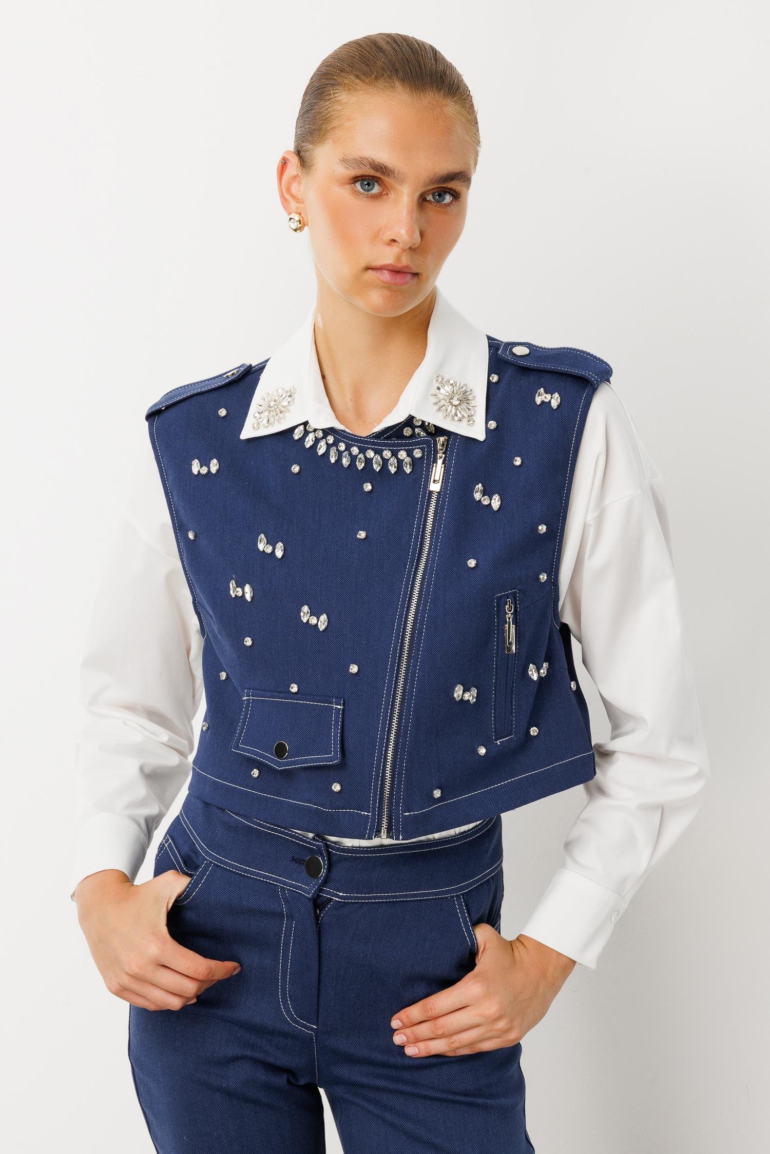 Modailgi  Beyoğlu Taşlı Fermuar Detaylı Crop Yelek - 47001 İndigo