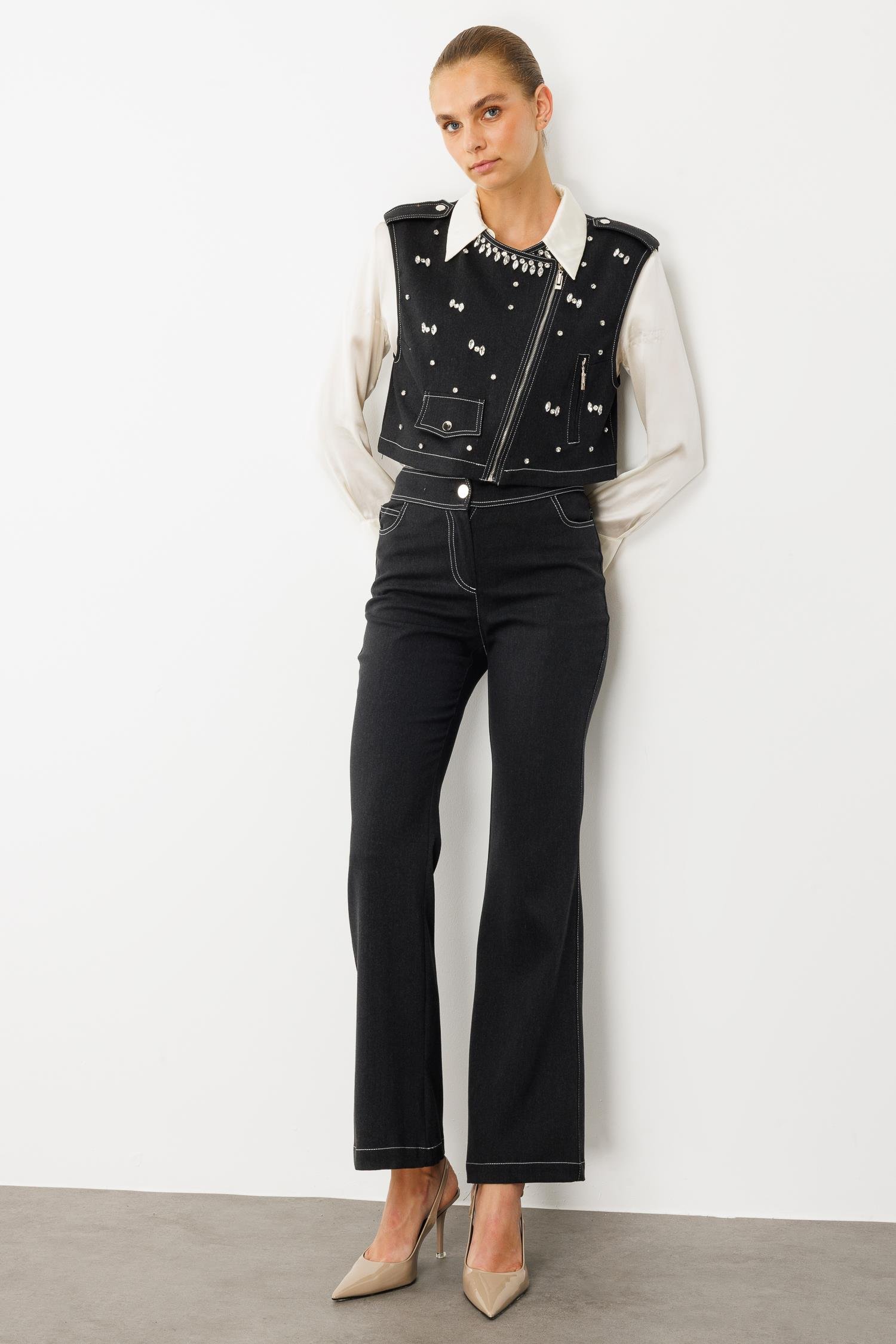 Modailgi  Beyoğlu Taşlı Fermuar Detaylı Crop Yelek - 47001 Siyah