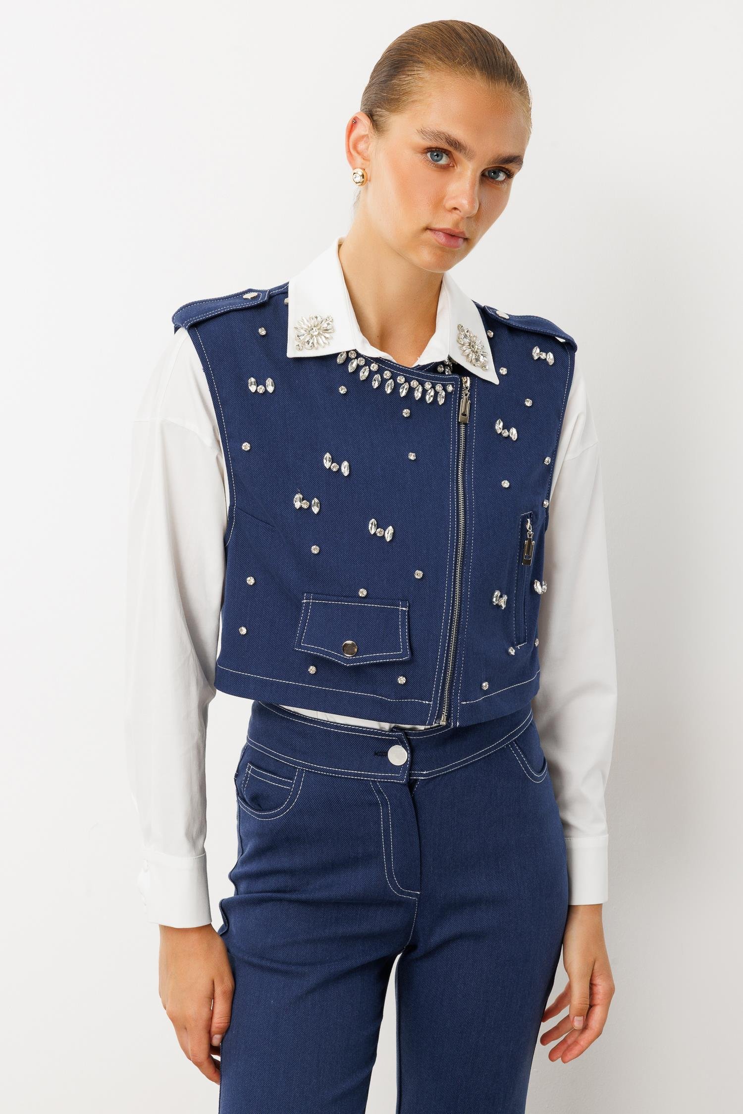 Modailgi  Beyoğlu Taşlı Fermuar Detaylı Crop Yelek - 47001 İndigo