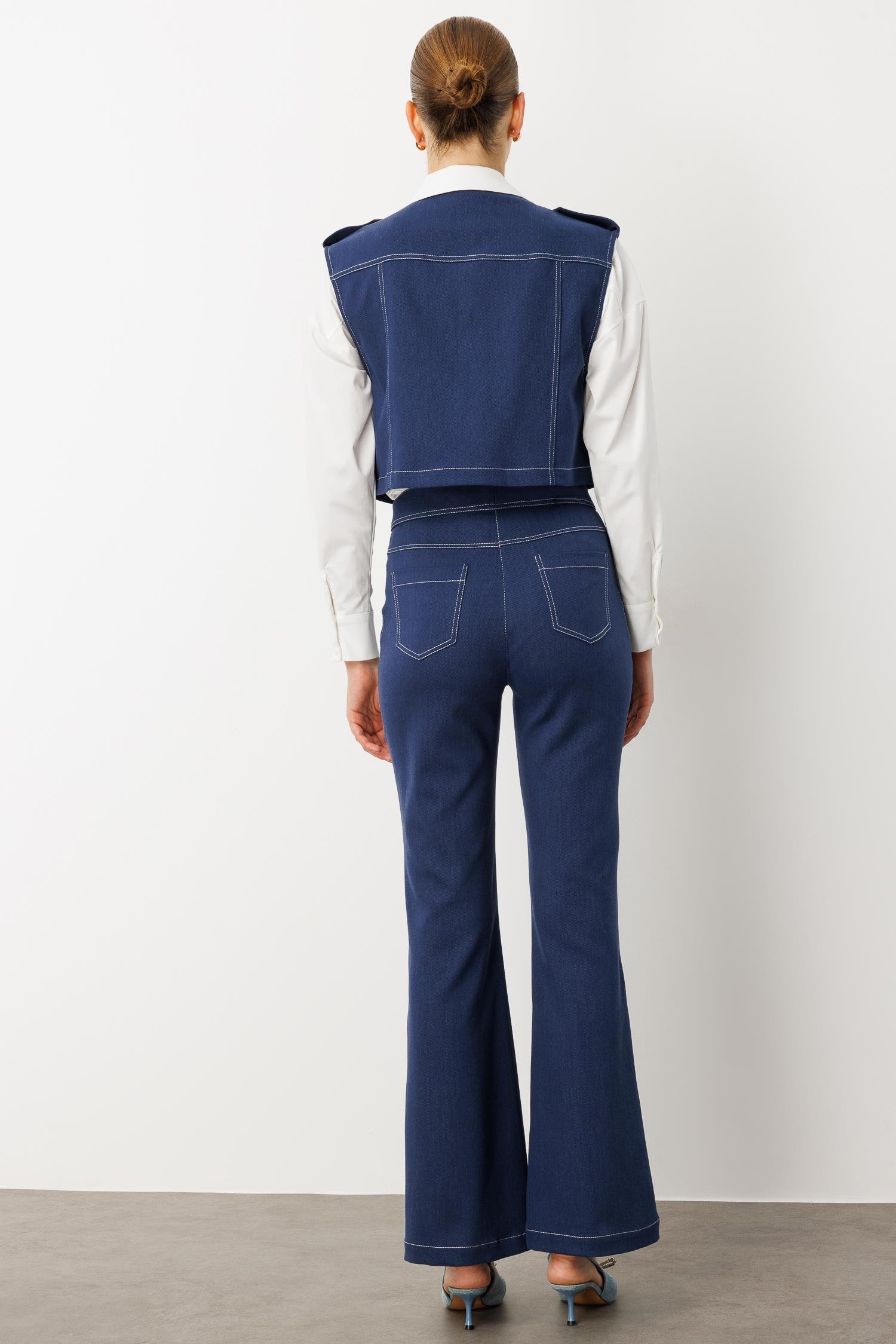 Modailgi  Beyoğlu Taşlı Fermuar Detaylı Crop Yelek - 47001 İndigo