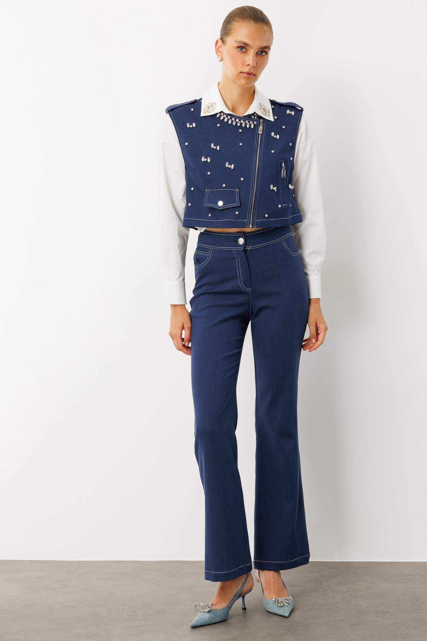 Modailgi  Beyoğlu Taşlı Fermuar Detaylı Crop Yelek - 47001 İndigo
