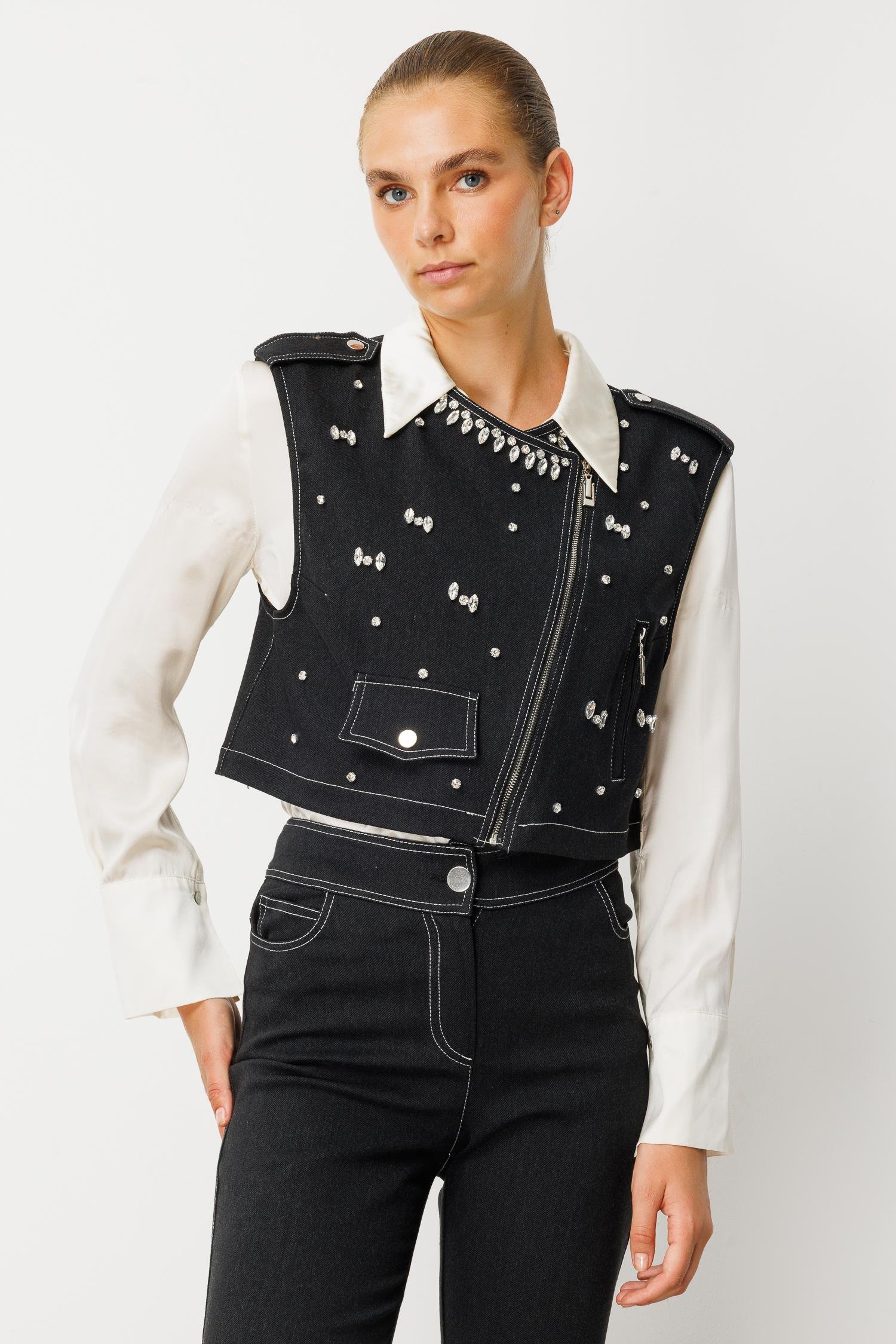 Modailgi  Beyoğlu Taşlı Fermuar Detaylı Crop Yelek - 47001 Siyah