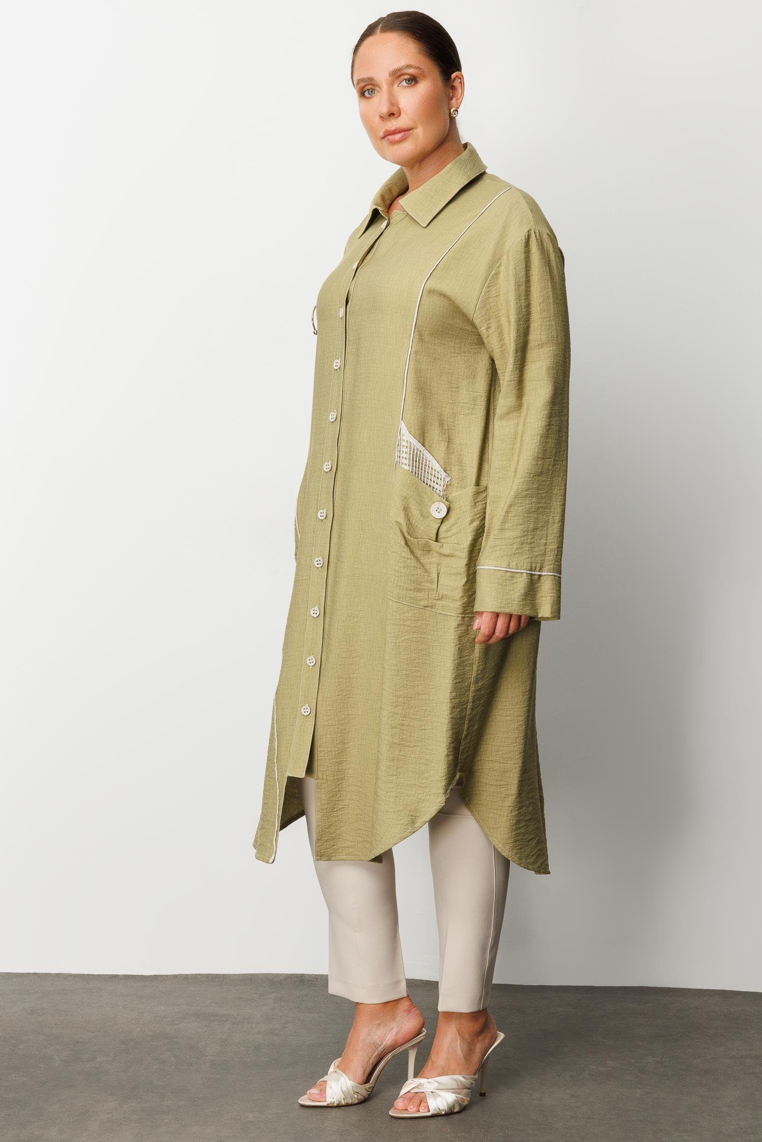 Modailgi  Biyeli Asimetrik File Detaylı Kap Haki