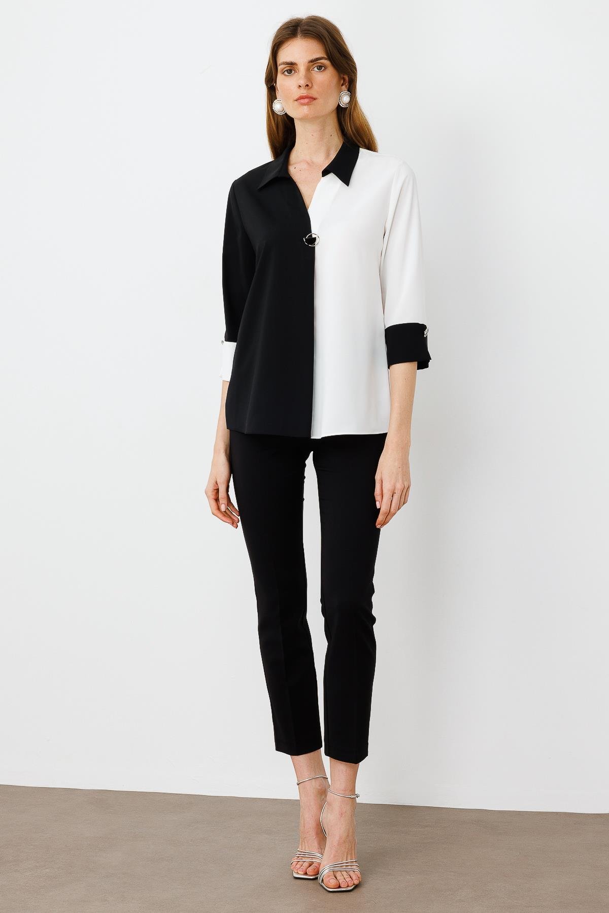 Modailgi  Broş Detaylı Bluz Siyah/Ekru