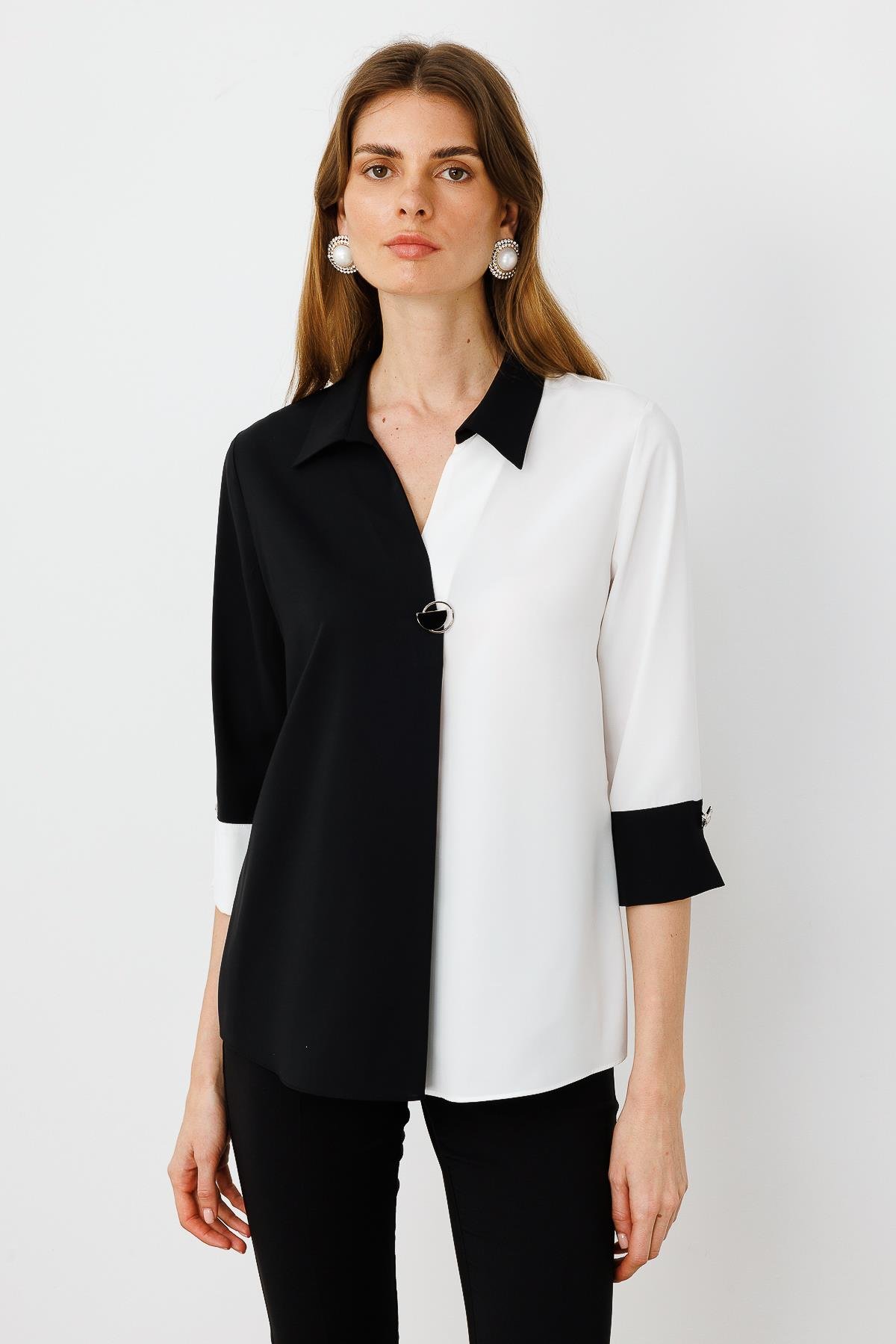 Modailgi  Broş Detaylı Bluz Siyah/Ekru