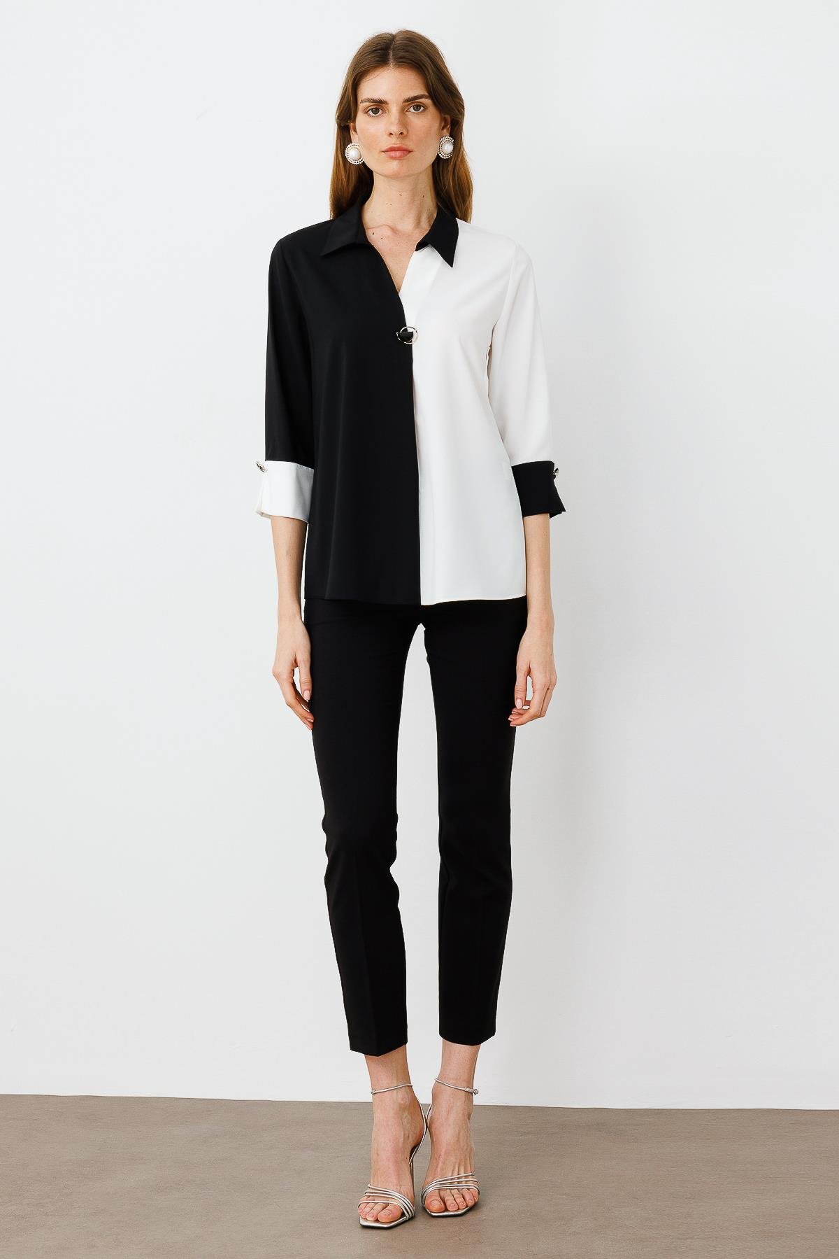 Modailgi  Broş Detaylı Bluz Siyah/Ekru