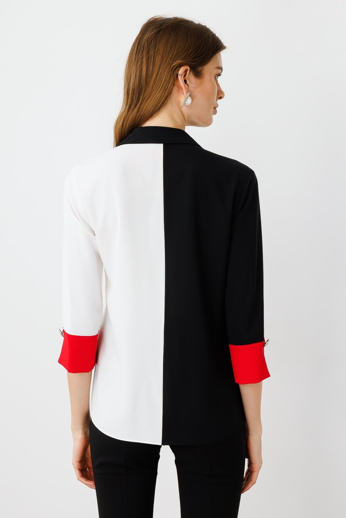 Modailgi  Broş Detaylı Bluz Siyah/Kırmızı