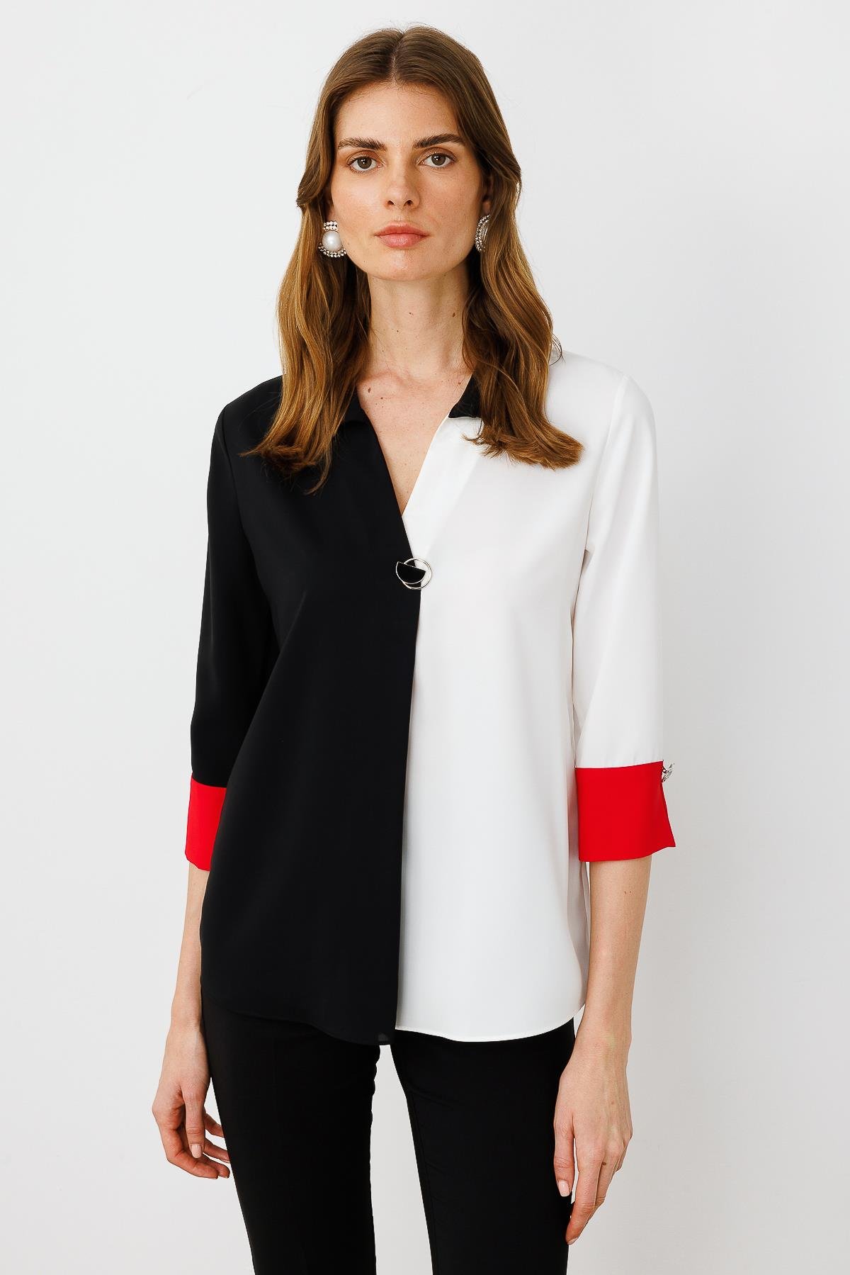 Modailgi  Broş Detaylı Bluz Siyah/Kırmızı