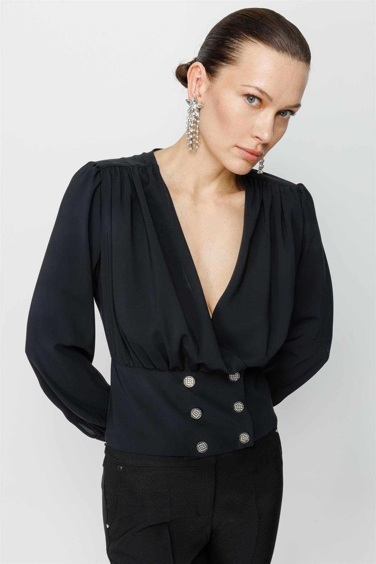 Modailgi  Büzgü Detaylı Crop Bluz Siyah