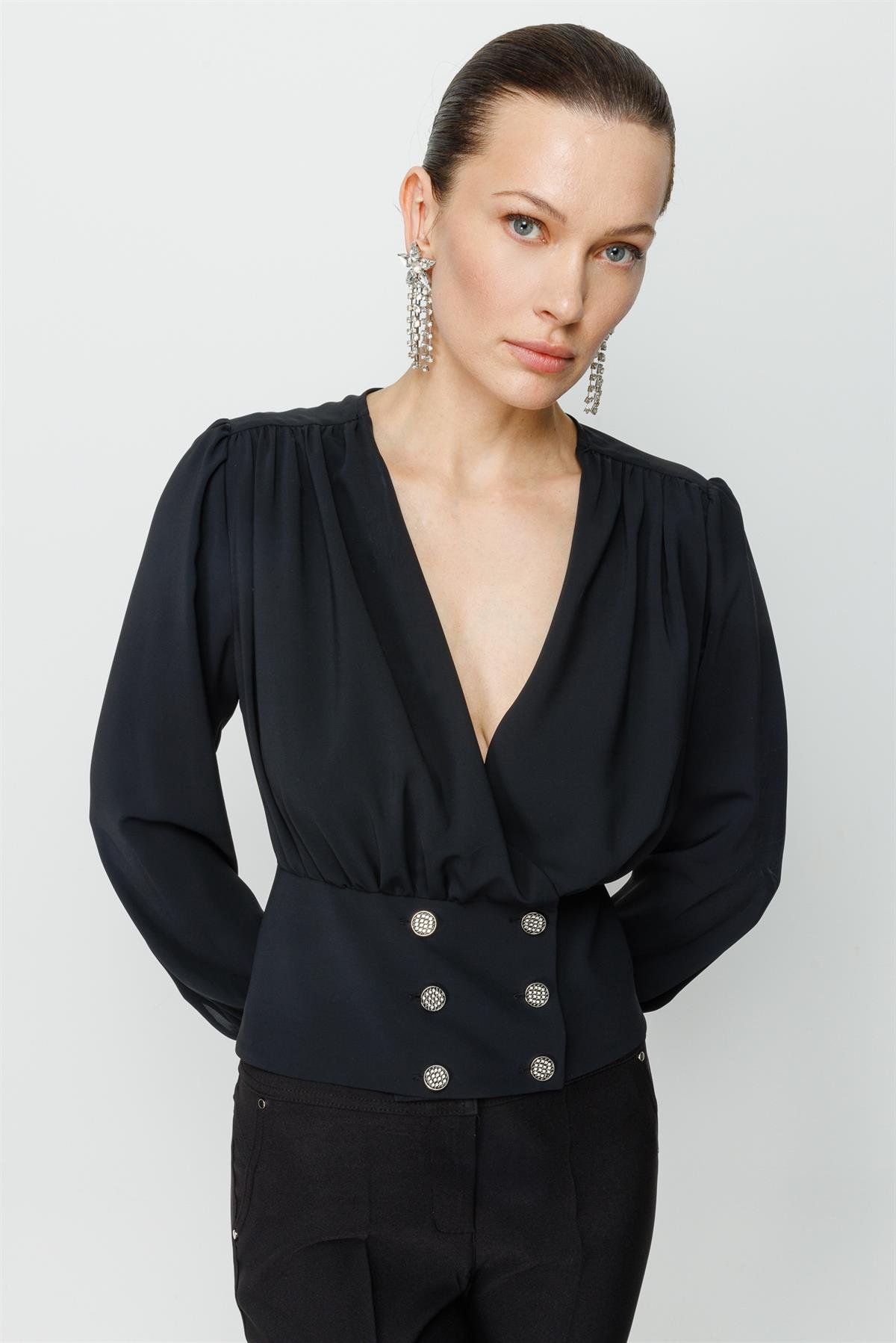 Modailgi  Büzgü Detaylı Crop Bluz Siyah