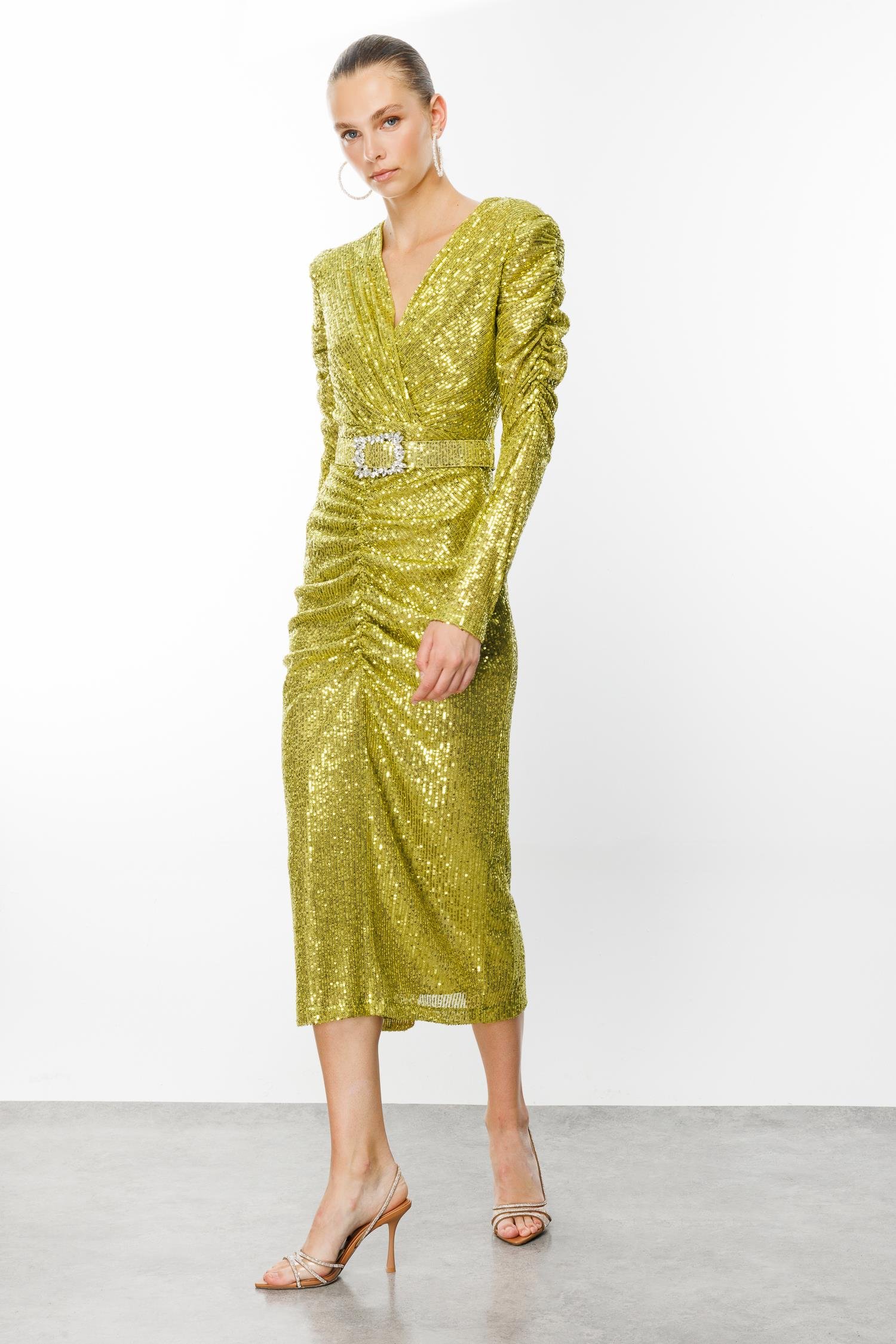 Modailgi  Büzgü Detaylı Payet Elbise Asit