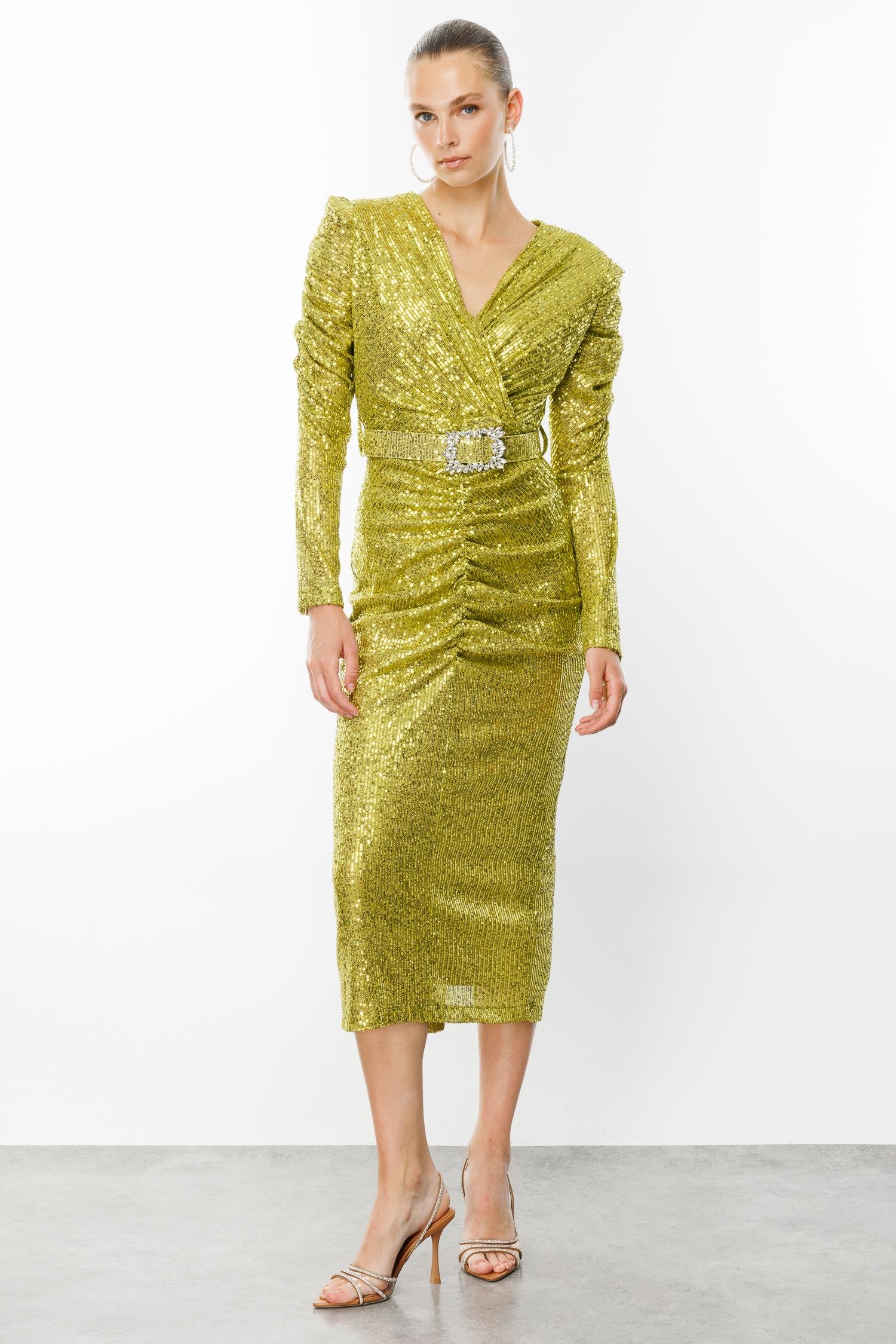 Modailgi  Büzgü Detaylı Payet Elbise Asit