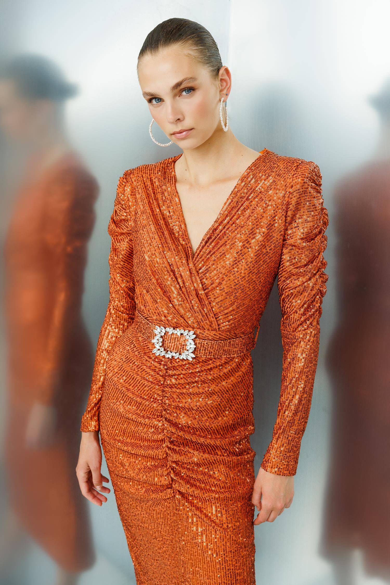 Modailgi  Büzgü Detaylı Payet Elbise Tarçın