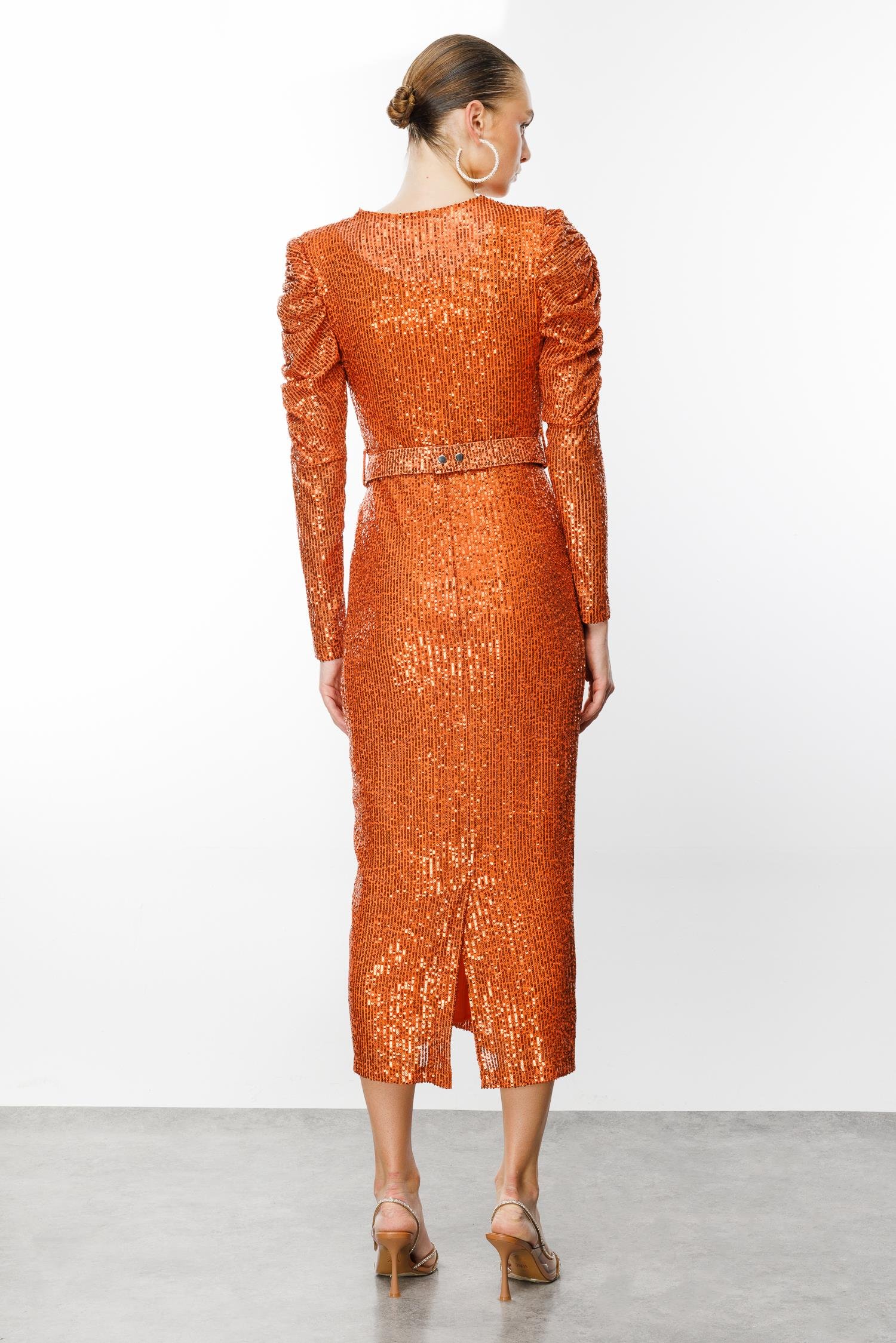 Modailgi  Büzgü Detaylı Payet Elbise Tarçın