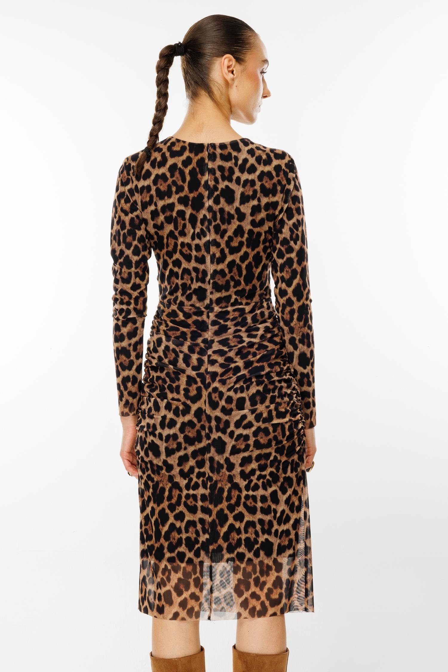 Modailgi  Büzgü Detaylı V Yaka Leopar Desen Elbise Vizon