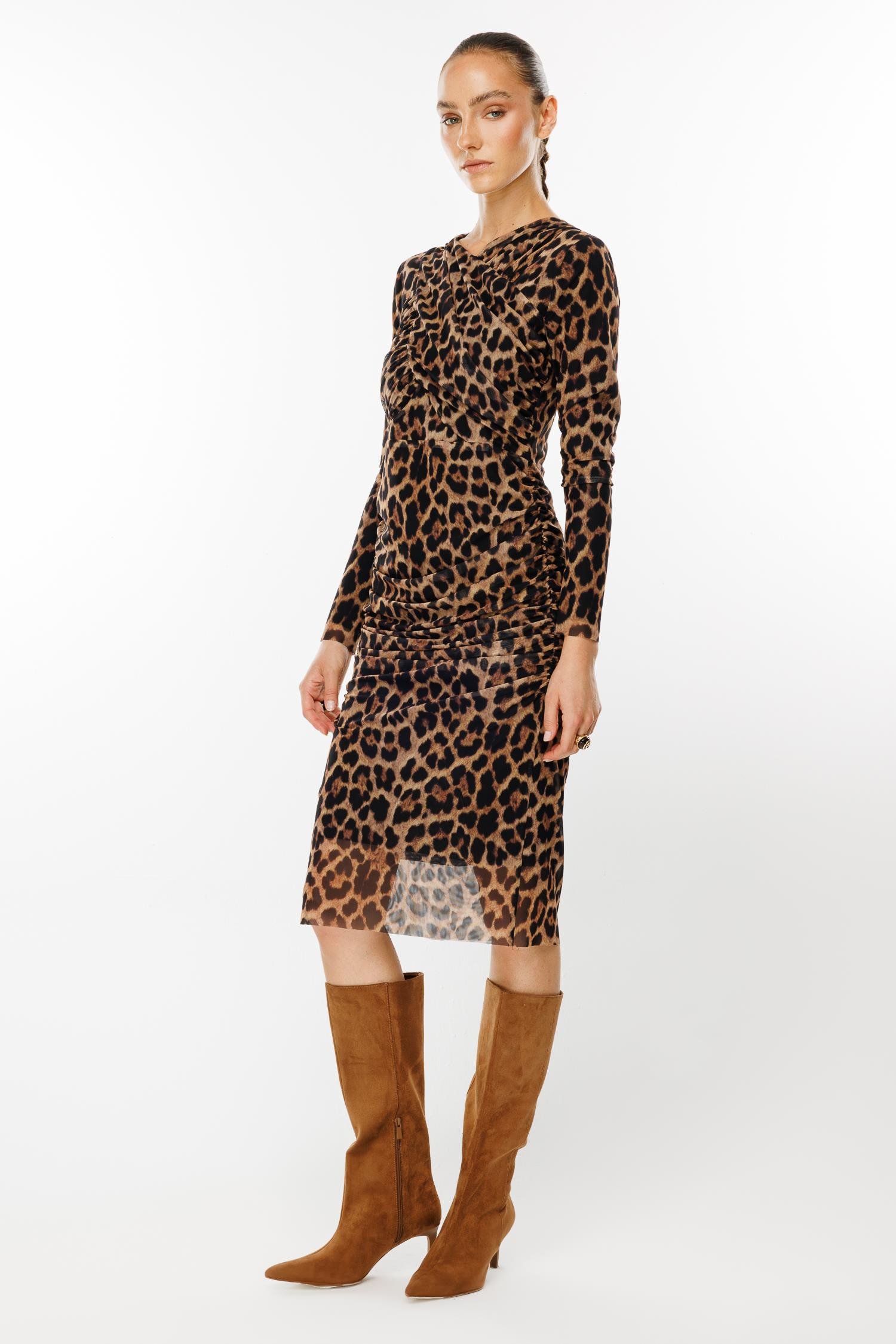 Modailgi  Büzgü Detaylı V Yaka Leopar Desen Elbise Vizon