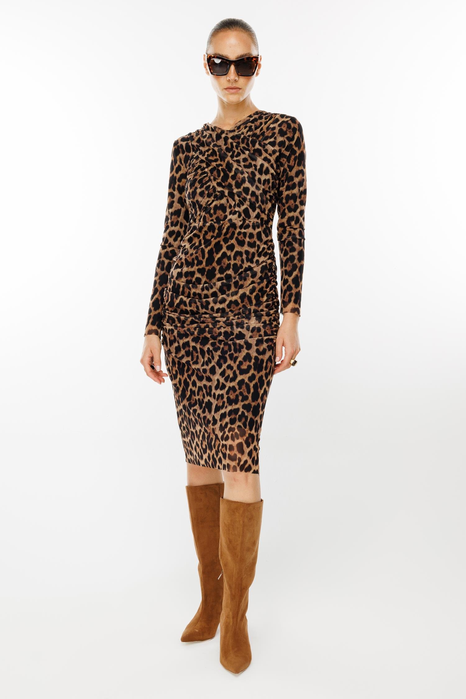 Modailgi  Büzgü Detaylı V Yaka Leopar Desen Elbise Vizon