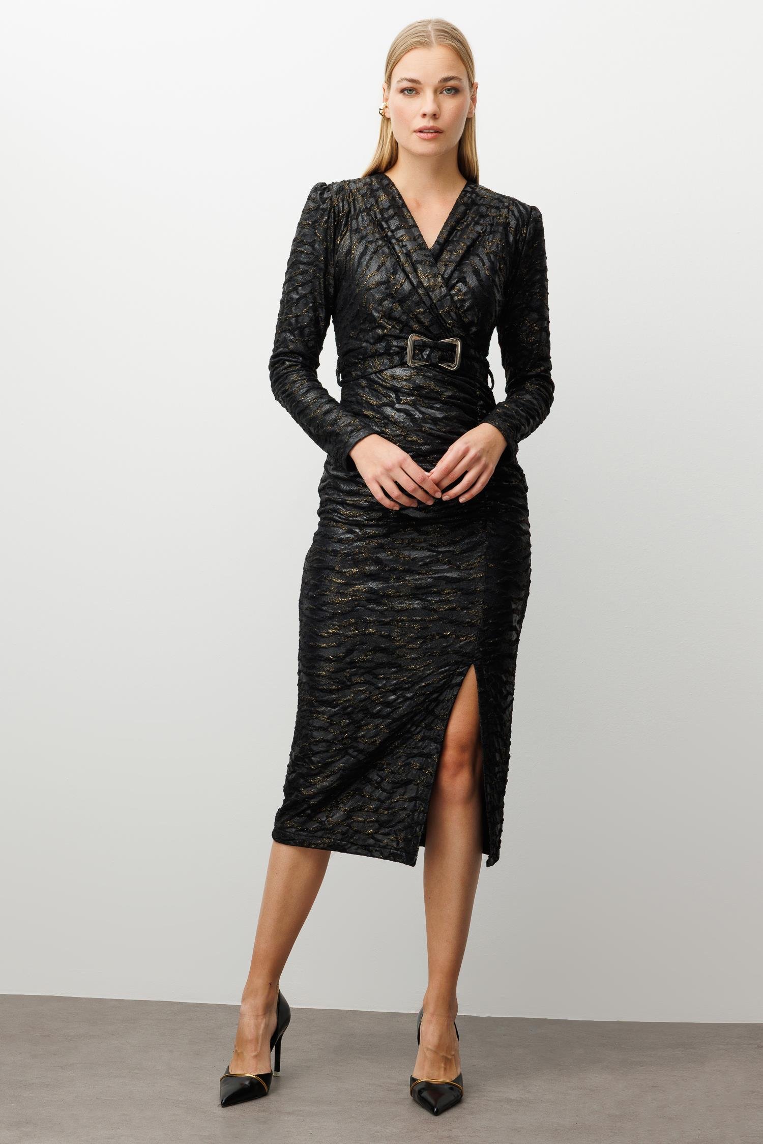 Modailgi  Büzgülü Kruvaze Kapama Beli Kemerli Örme Elbise Siyah