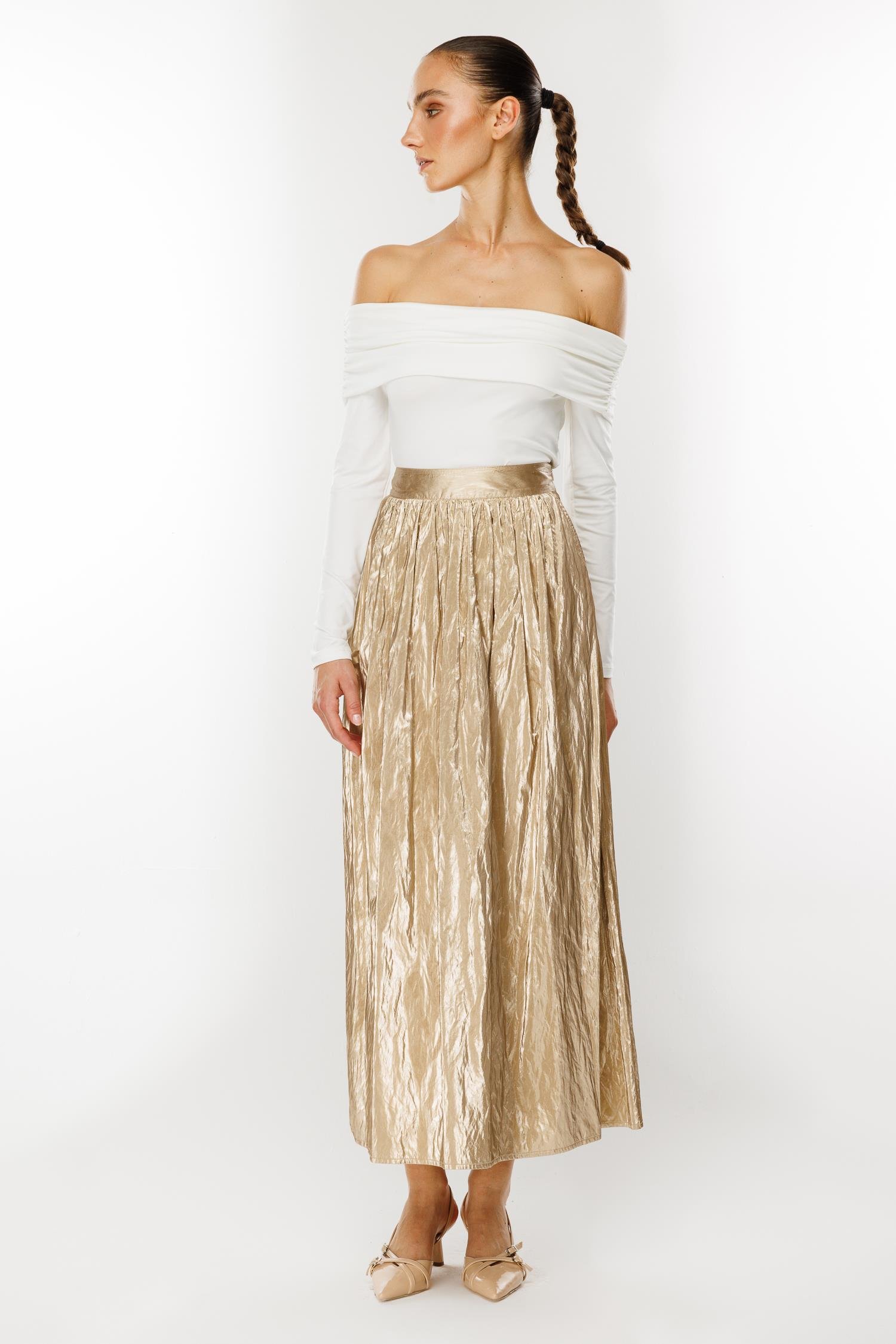 Modailgi  Büzgülü Yan Cepli Uzun Etek Gold