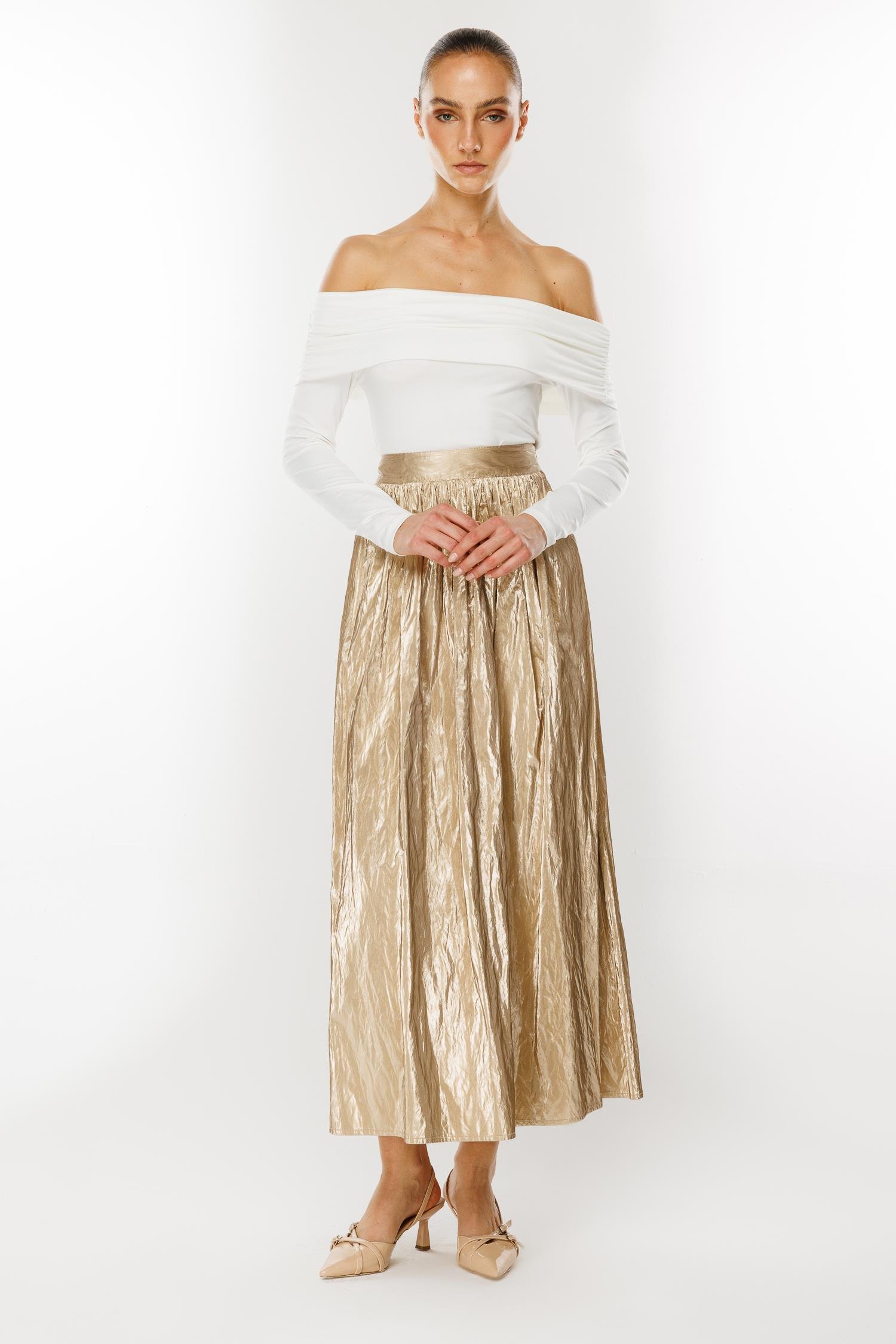 Modailgi  Büzgülü Yan Cepli Uzun Etek Gold