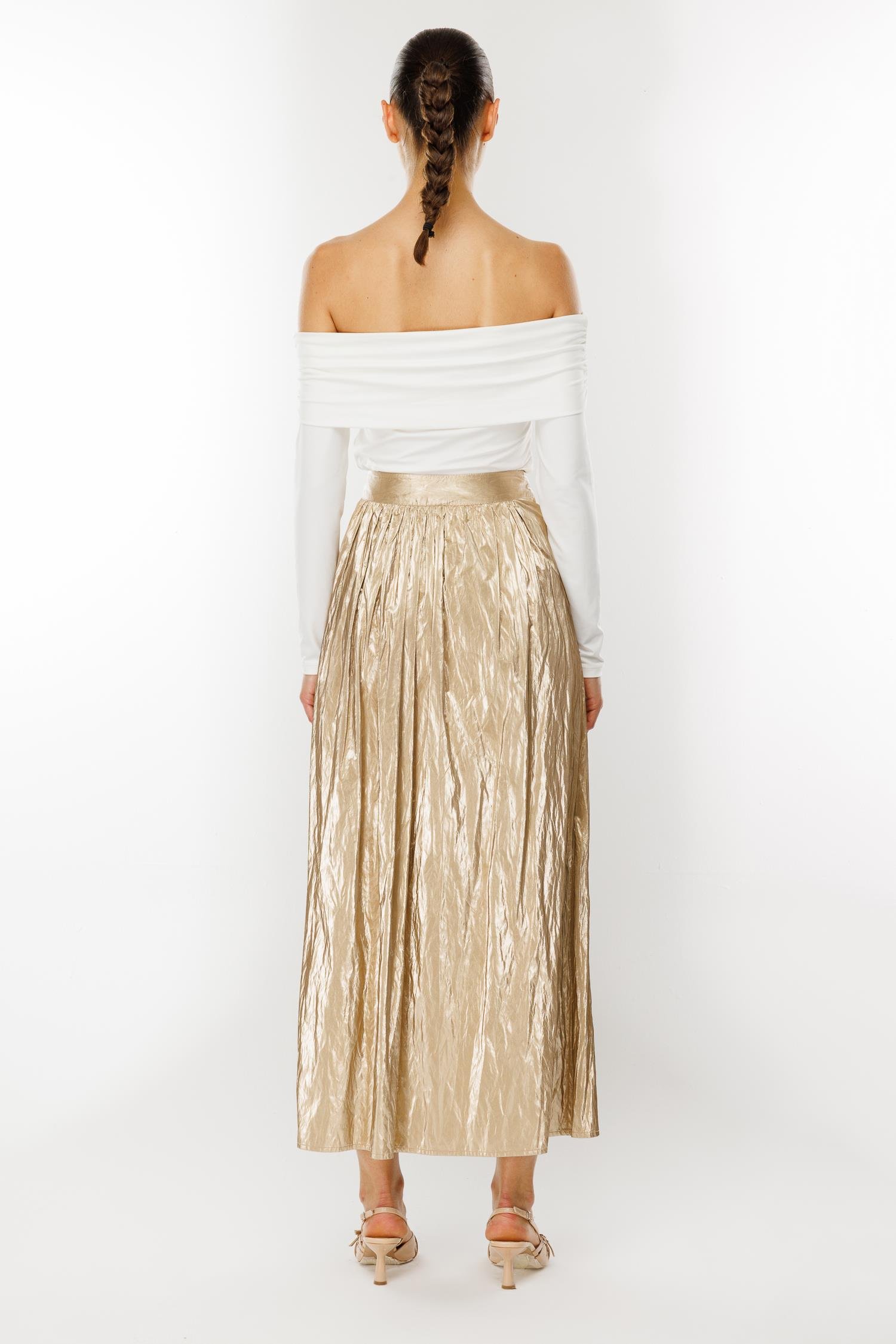 Modailgi  Büzgülü Yan Cepli Uzun Etek Gold