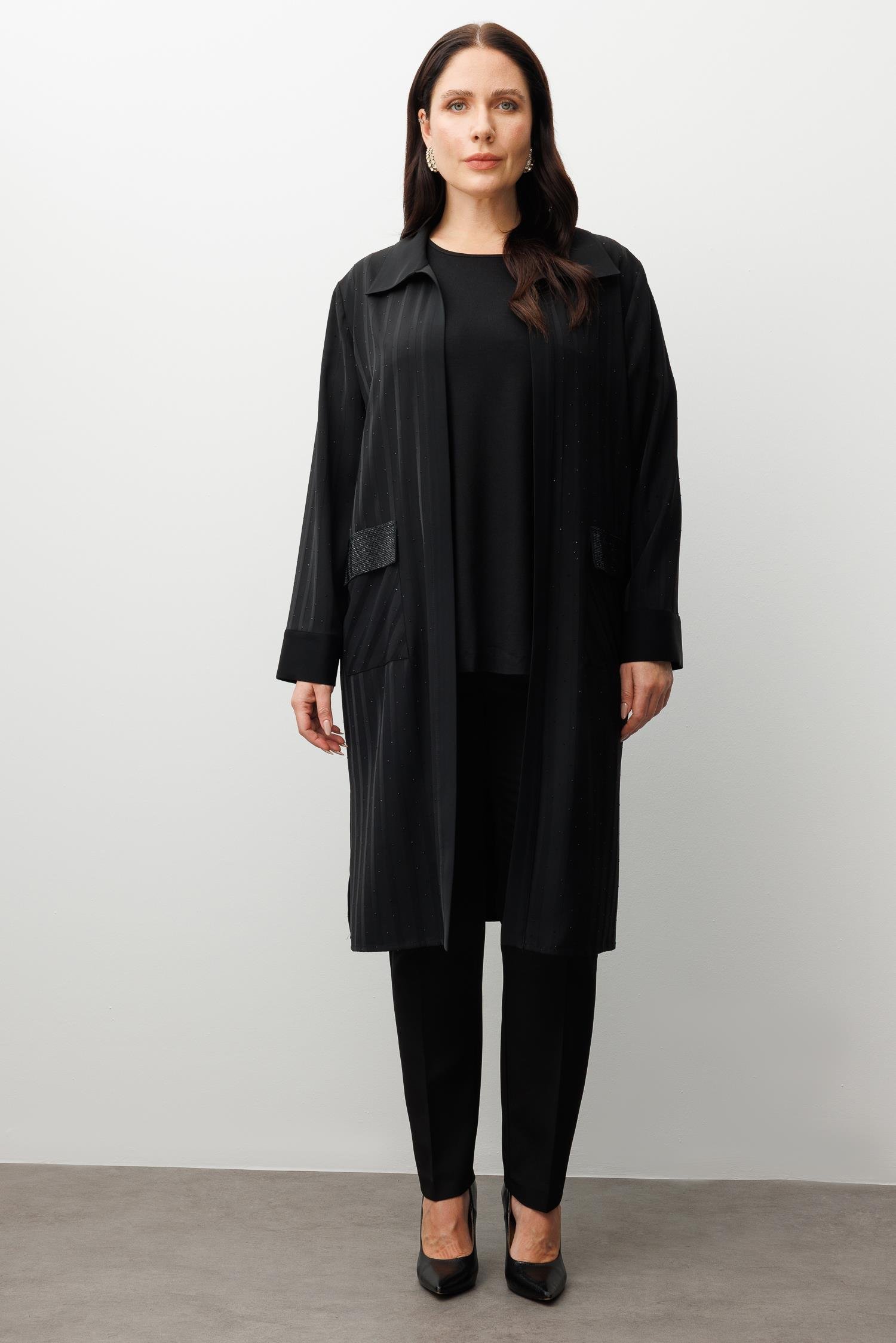 Modailgi  Cep Kapakları Taşlı Uzun İkili Takım Siyah