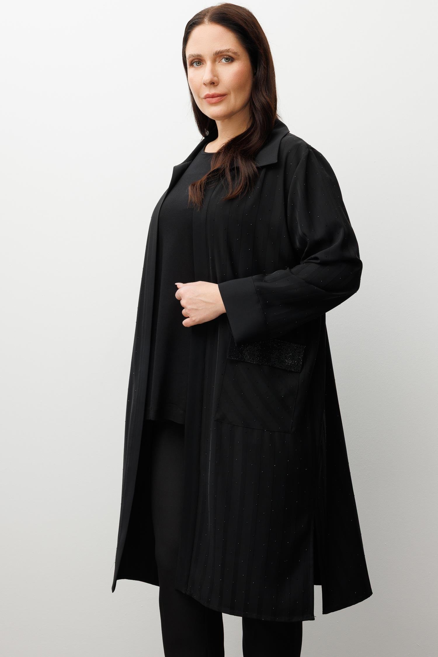 Modailgi  Cep Kapakları Taşlı Uzun İkili Takım Siyah