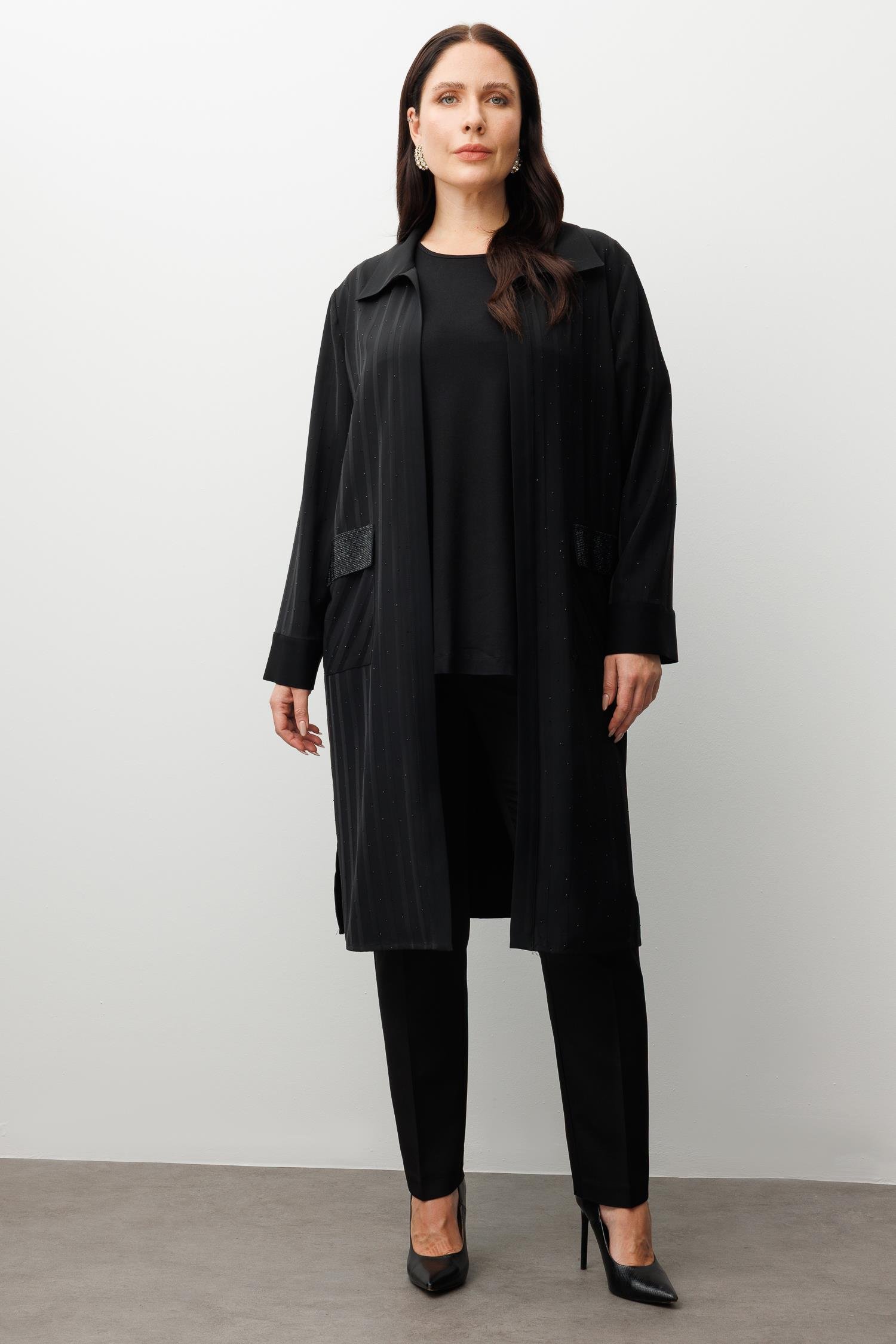 Modailgi  Cep Kapakları Taşlı Uzun İkili Takım Siyah