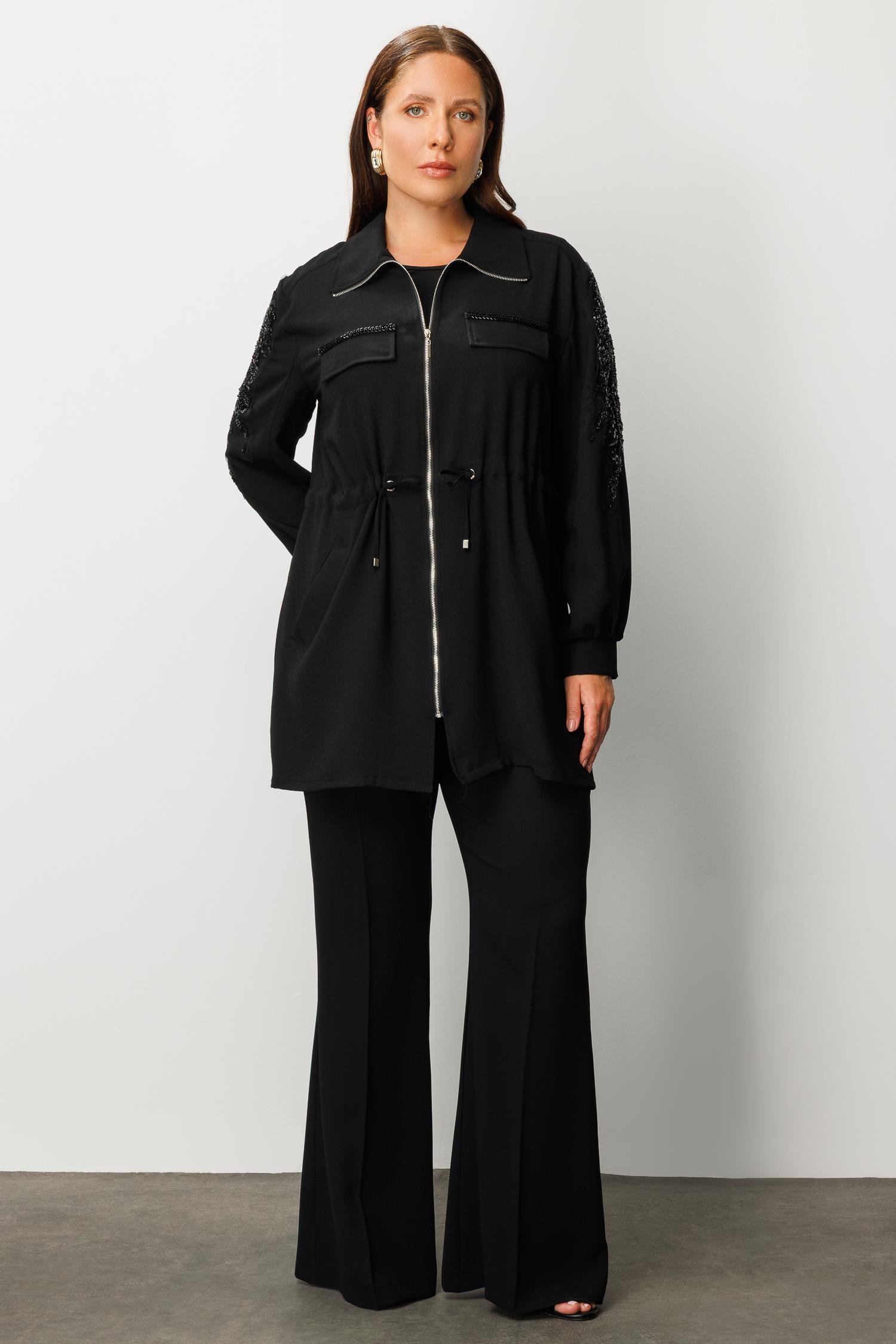 Modailgi  Cep Kapaklı Beli Büzgülü Kolu Aksesuarlı Tunik Siyah