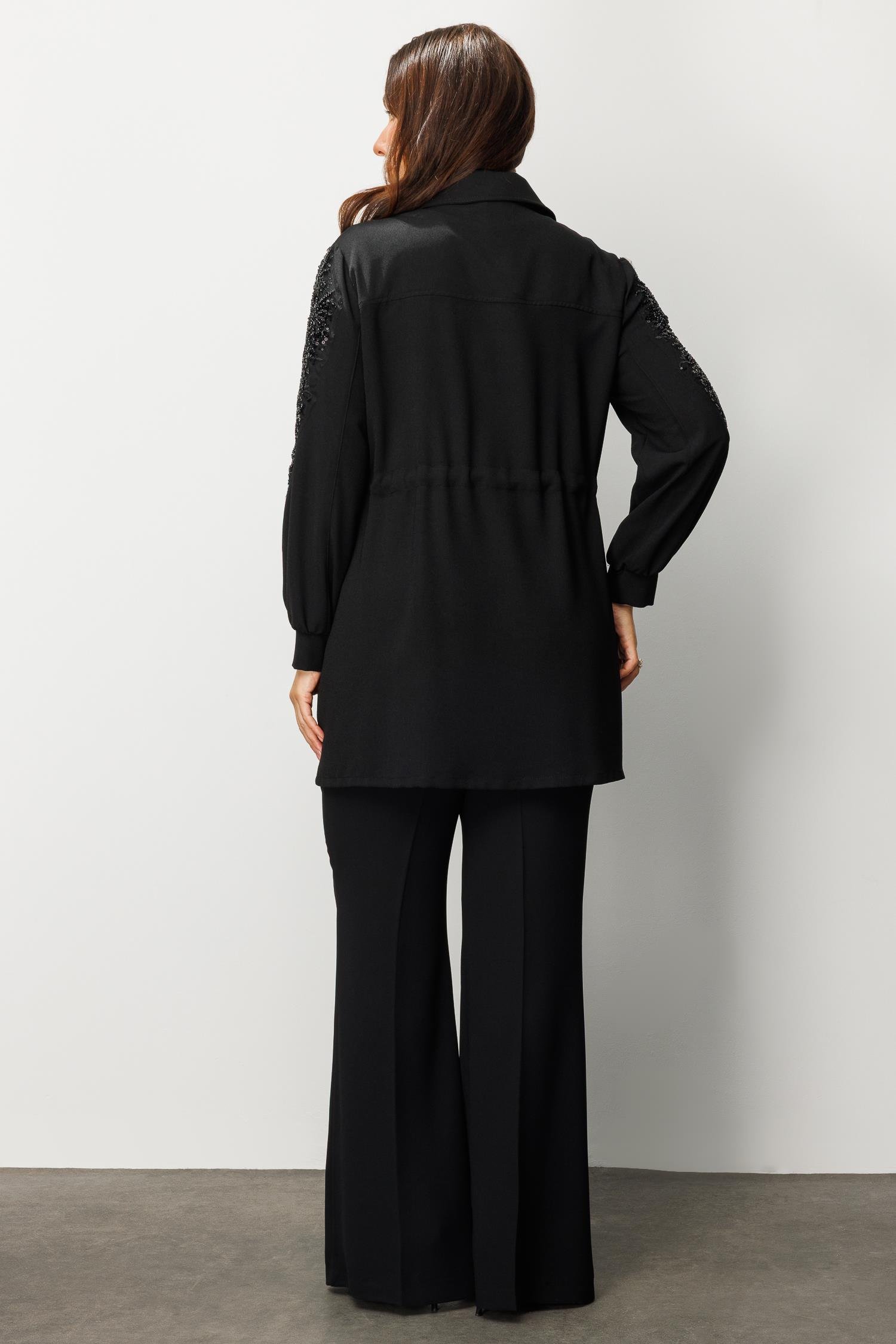 Modailgi  Cep Kapaklı Beli Büzgülü Kolu Aksesuarlı Tunik Siyah