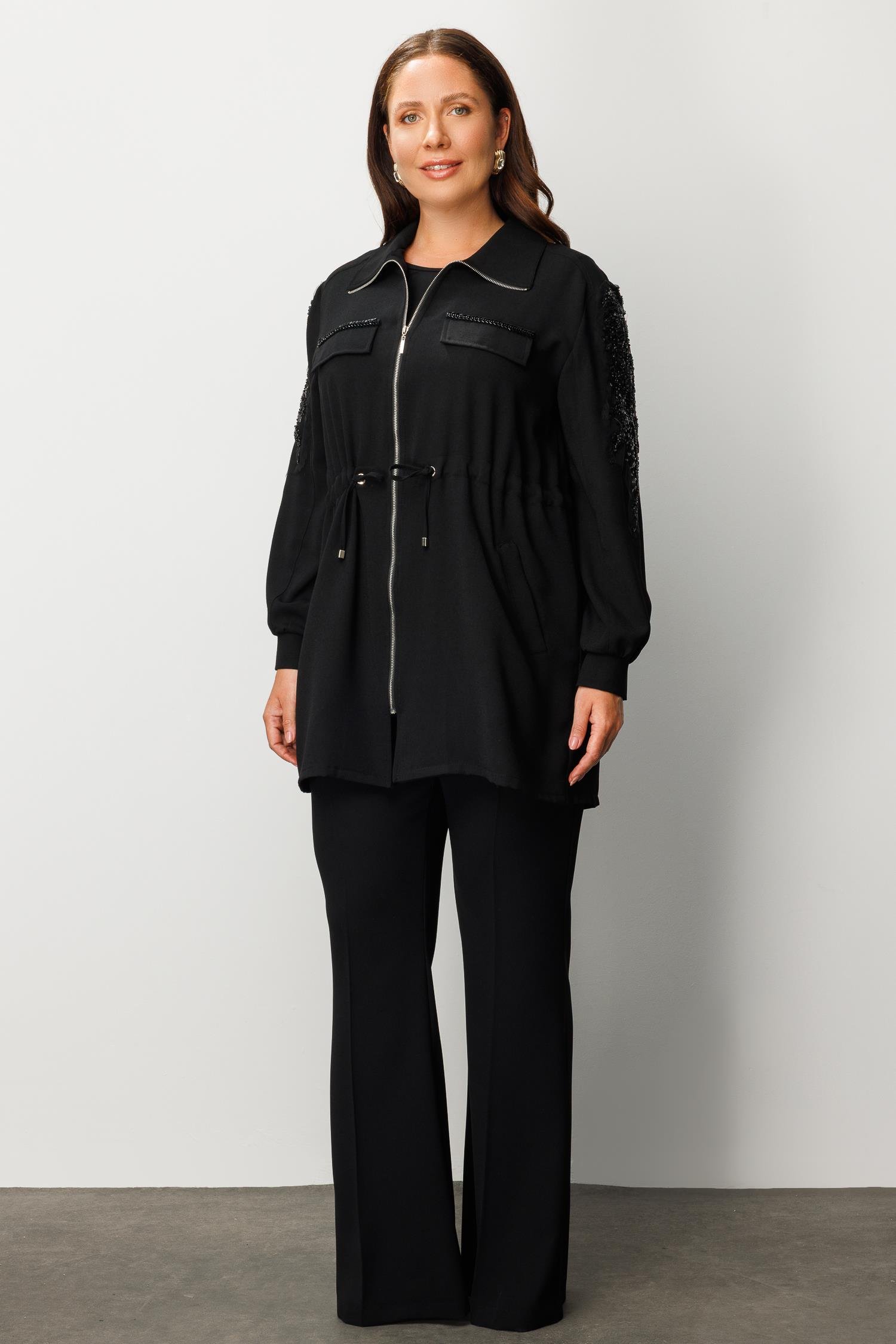 Modailgi  Cep Kapaklı Beli Büzgülü Kolu Aksesuarlı Tunik Siyah